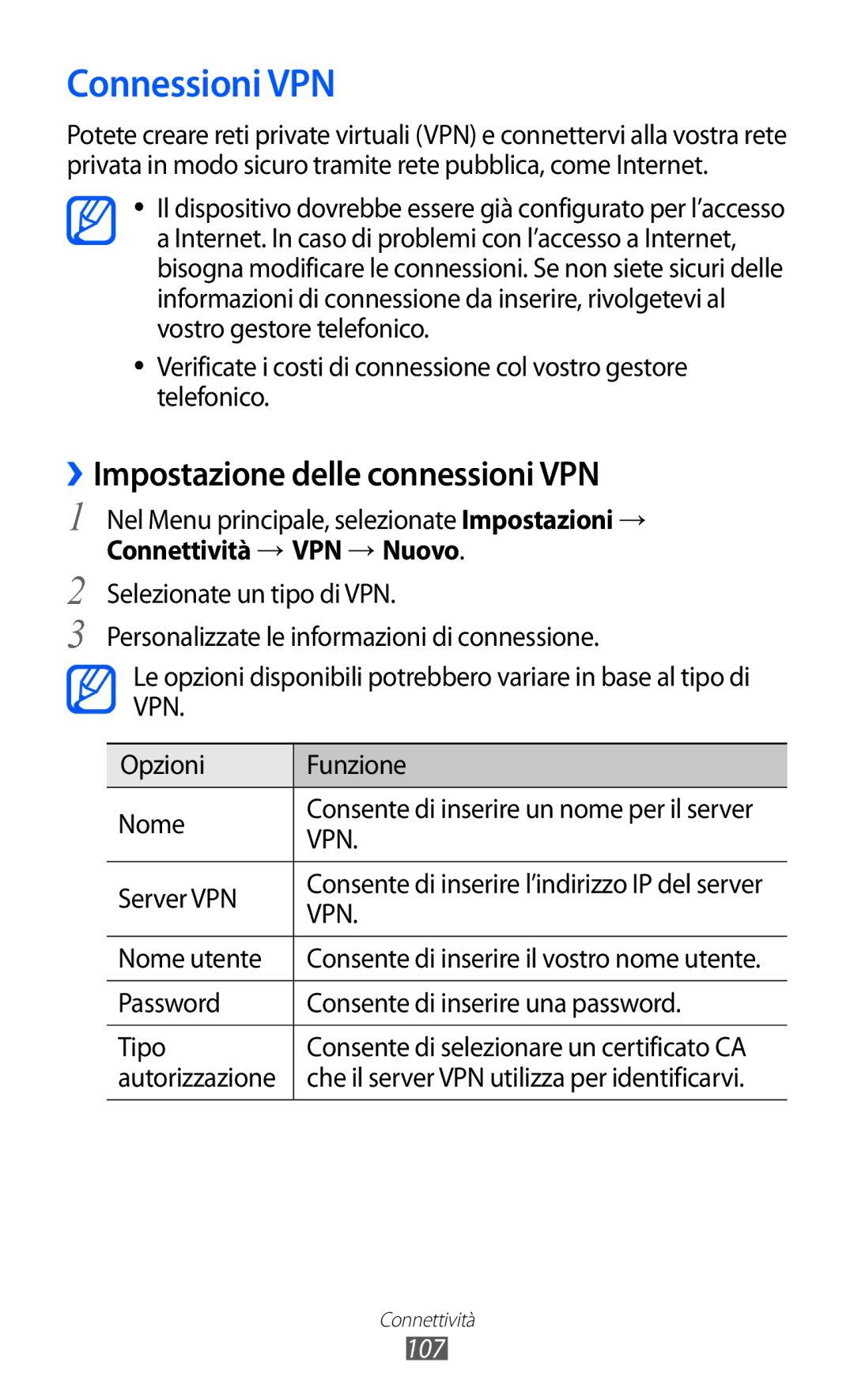 Samsung GT-S8600WSAITV manual Connessioni VPN, ››Impostazione delle connessioni VPN, Connettività → VPN → Nuovo, 107 