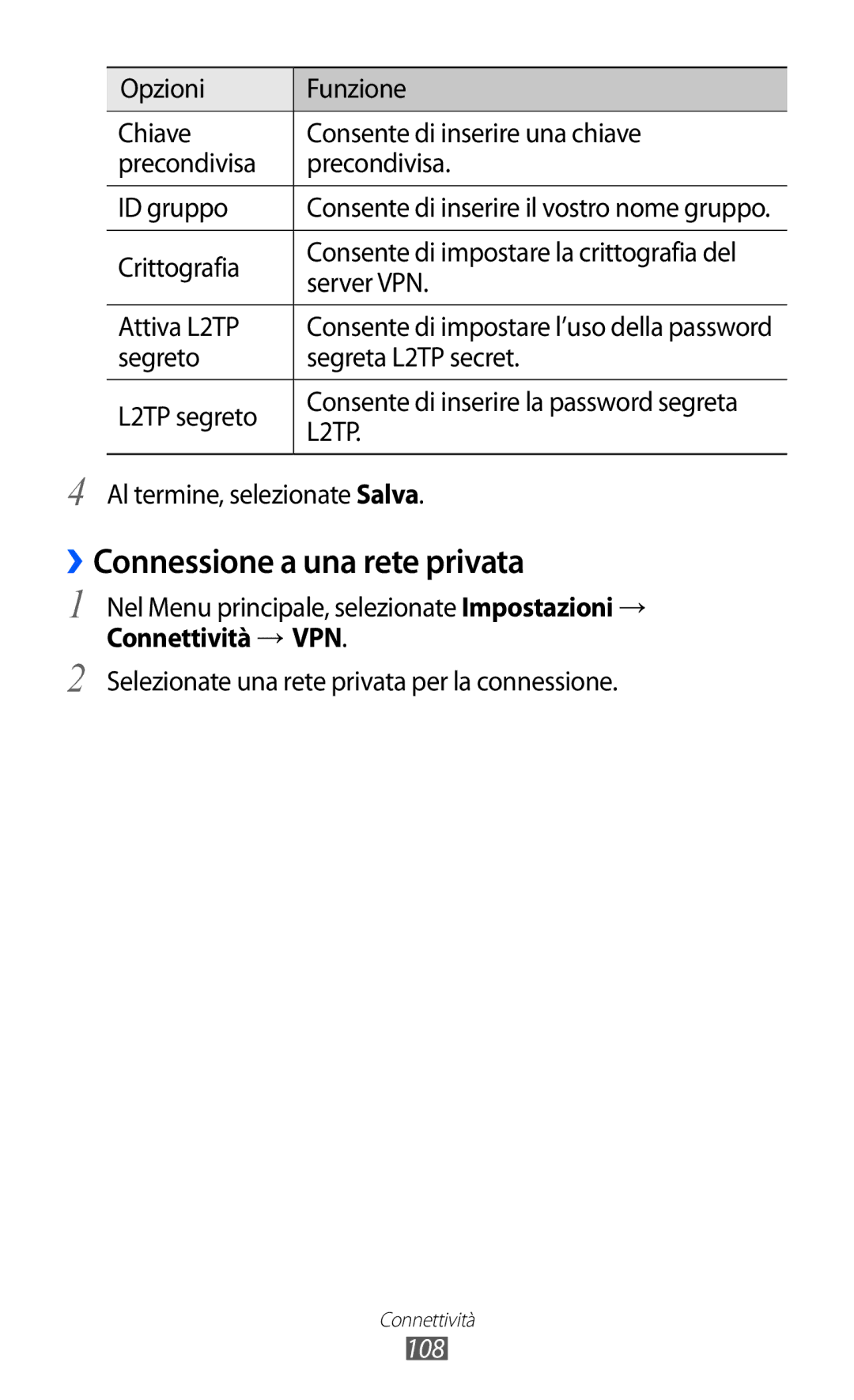 Samsung GT-S8600HKAITV, GT-S8600HKATIM, GT-S8600WSAITV manual ››Connessione a una rete privata, Connettività → VPN, 108 