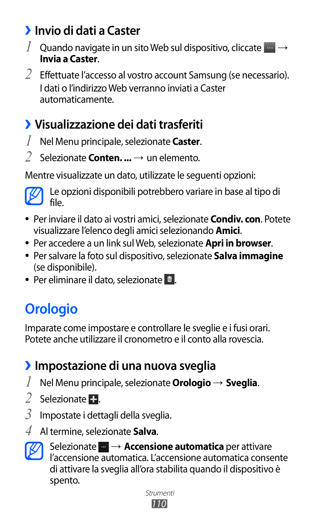 Samsung GT-S8600WSAITV, GT-S8600HKAITV manual Orologio, ››Invio di dati a Caster, ››Visualizzazione dei dati trasferiti, 110 