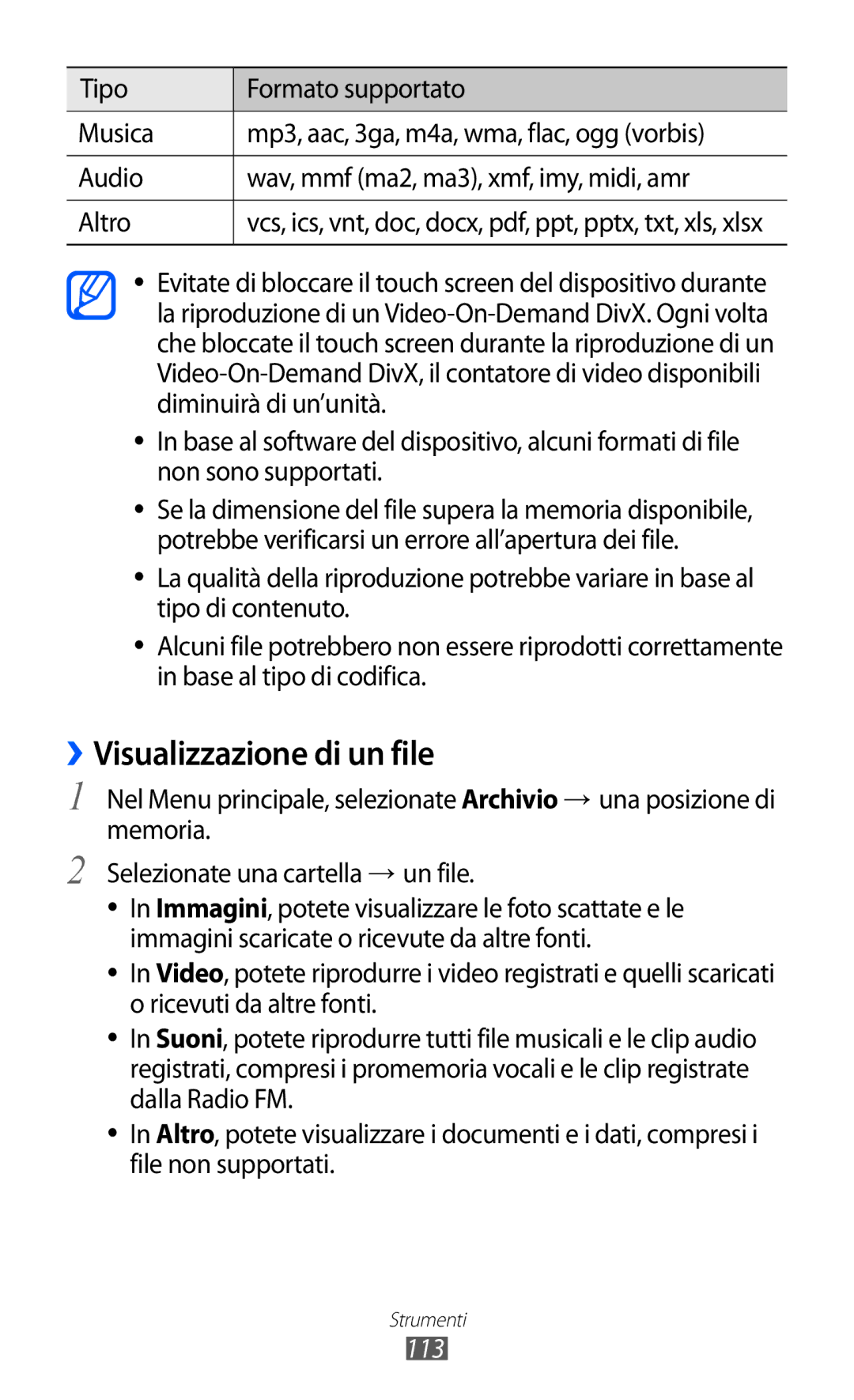 Samsung GT-S8600WSAITV, GT-S8600HKAITV, GT-S8600HKATIM manual ››Visualizzazione di un file, 113 