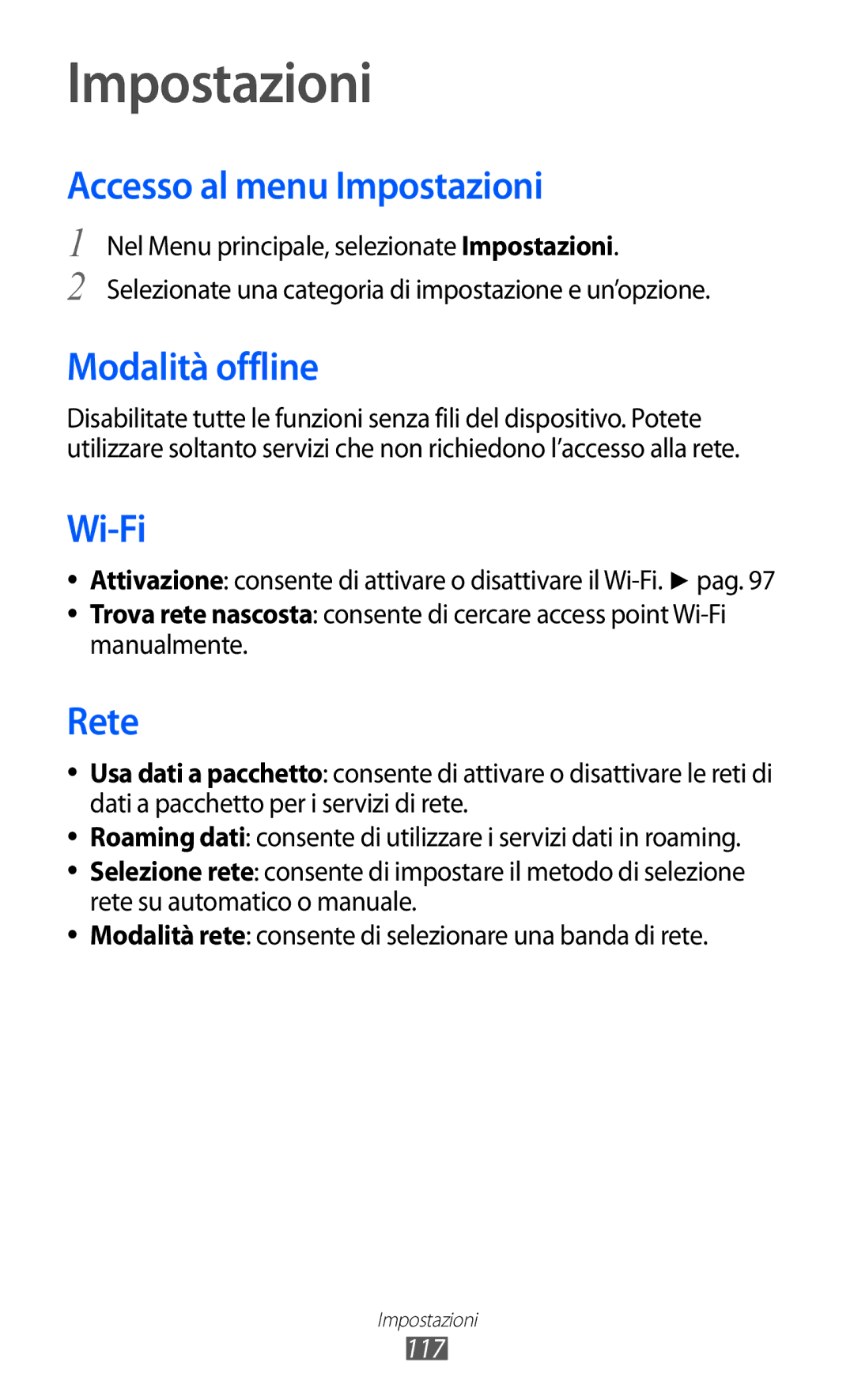 Samsung GT-S8600HKAITV, GT-S8600HKATIM, GT-S8600WSAITV manual Accesso al menu Impostazioni, Modalità offline, Rete, 117 