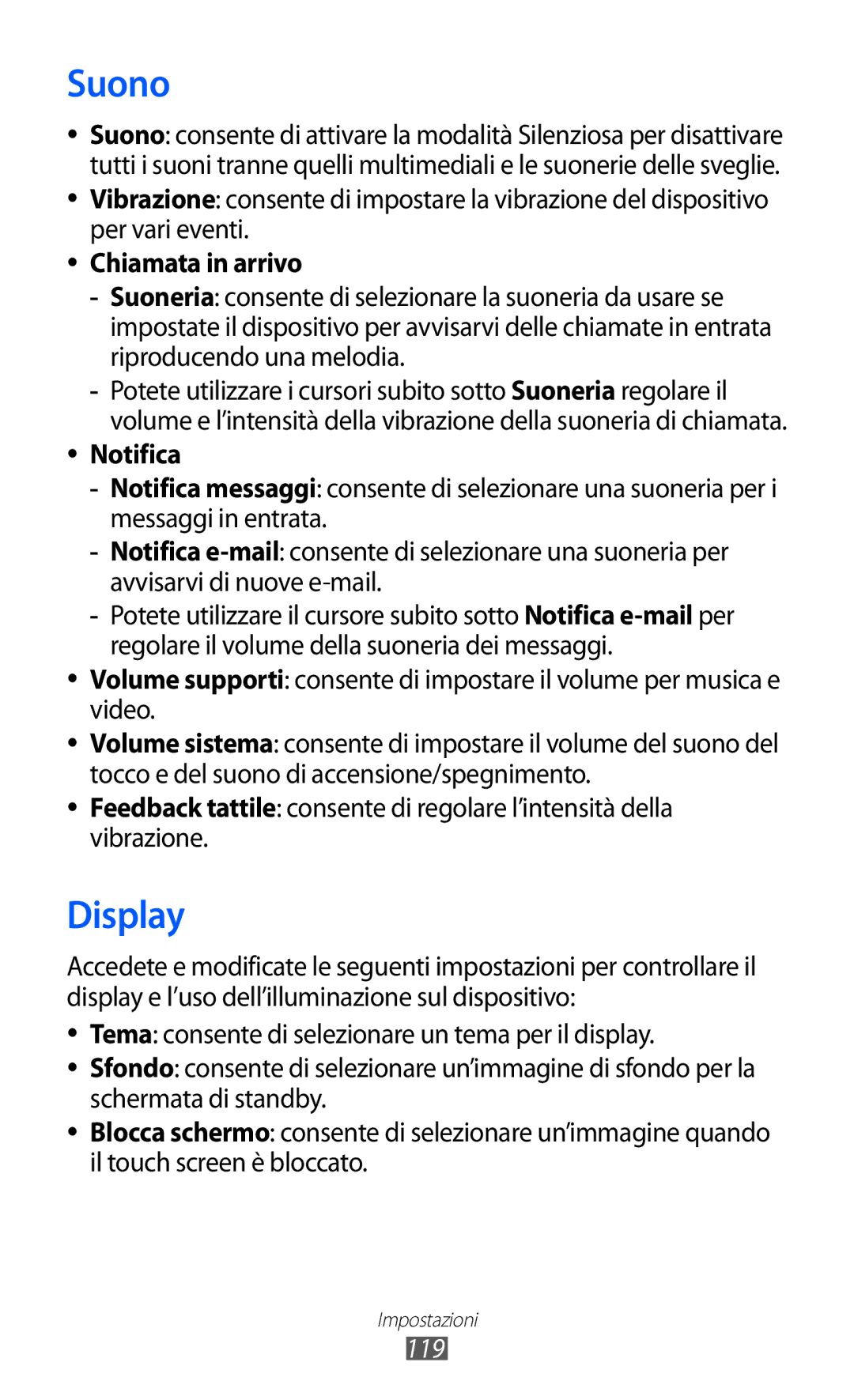 Samsung GT-S8600WSAITV, GT-S8600HKAITV, GT-S8600HKATIM manual Suono, Display, Chiamata in arrivo, Notifica, 119 