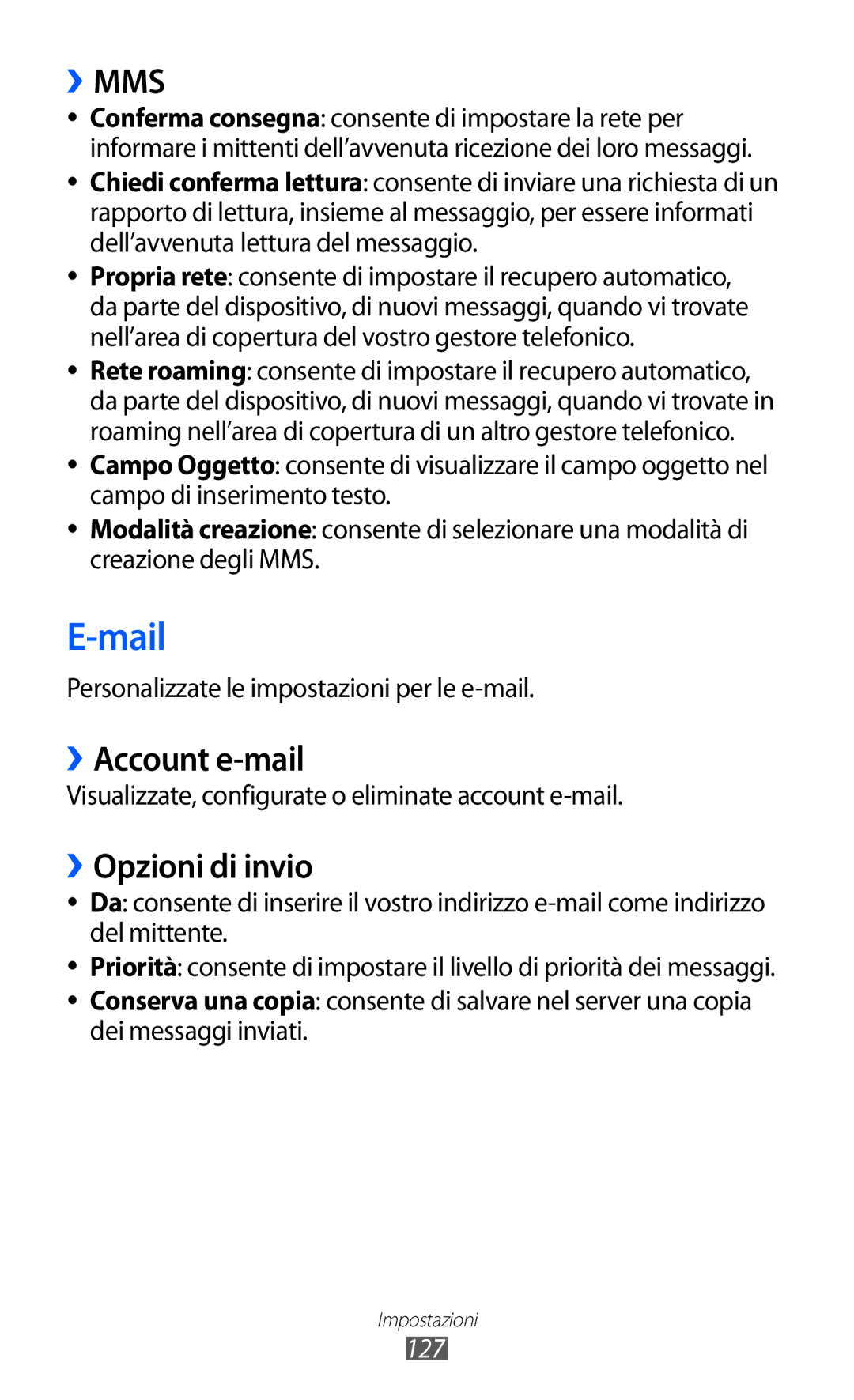 Samsung GT-S8600HKATIM manual ››Account e-mail, ››Opzioni di invio, Personalizzate le impostazioni per le e-mail, 127 