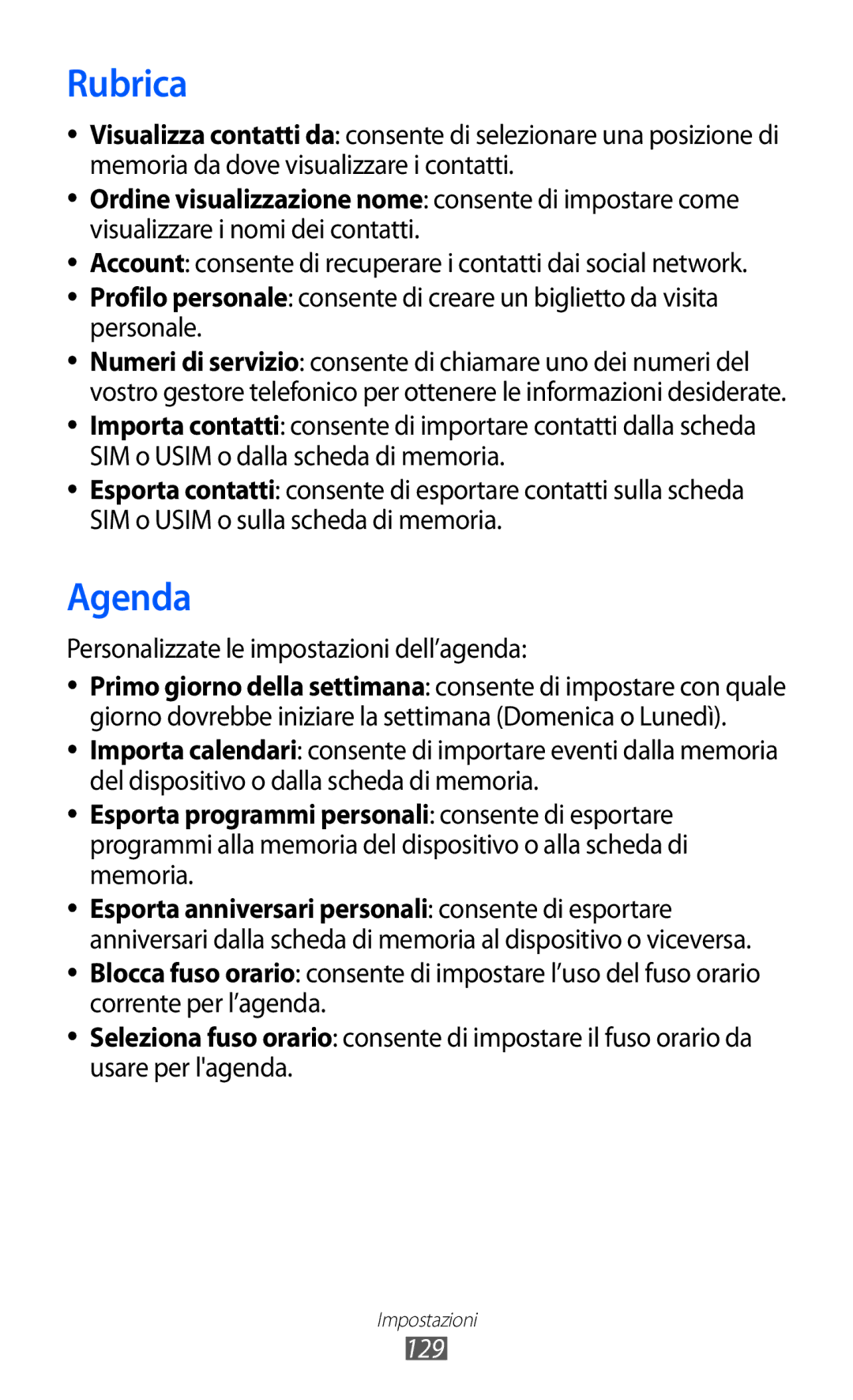 Samsung GT-S8600HKAITV, GT-S8600HKATIM, GT-S8600WSAITV manual Personalizzate le impostazioni dell’agenda, 129 