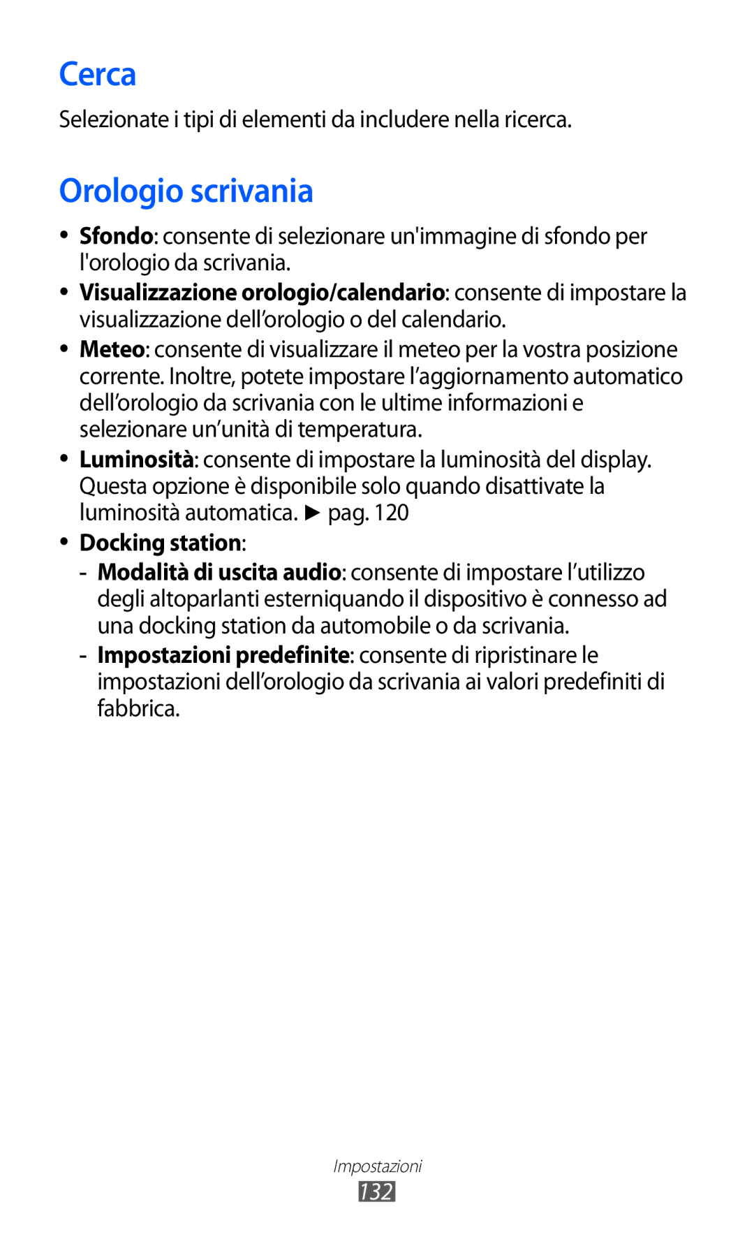 Samsung GT-S8600HKAITV manual Cerca, Orologio scrivania, Selezionate i tipi di elementi da includere nella ricerca, 132 