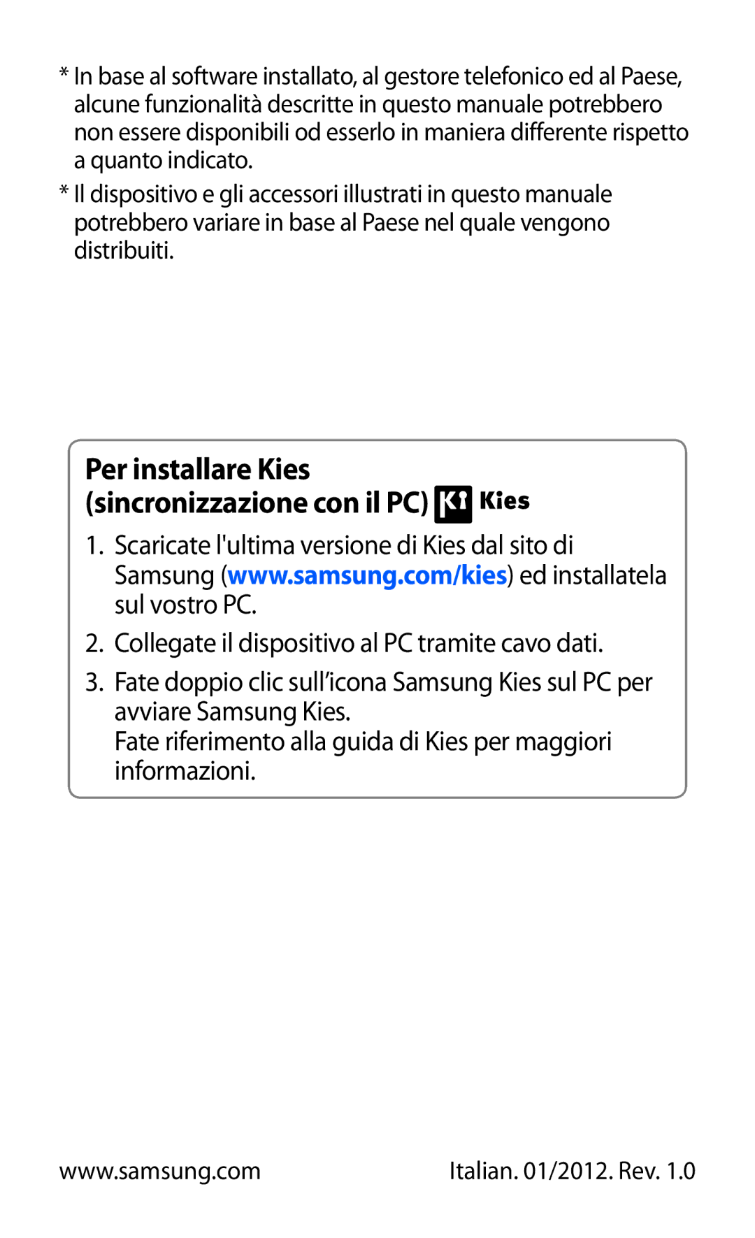 Samsung GT-S8600HKAITV, GT-S8600HKATIM, GT-S8600WSAITV manual Per installare Kies sincronizzazione con il PC 