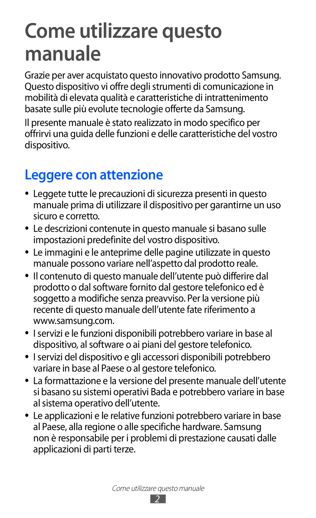 Samsung GT-S8600WSAITV, GT-S8600HKAITV, GT-S8600HKATIM Come utilizzare questo manuale, Leggere con attenzione 