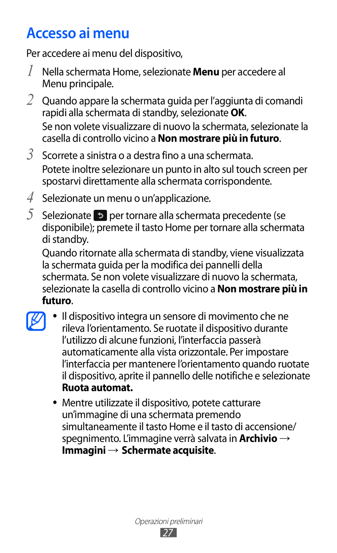 Samsung GT-S8600HKAITV, GT-S8600HKATIM Accesso ai menu, Scorrete a sinistra o a destra fino a una schermata, Ruota automat 