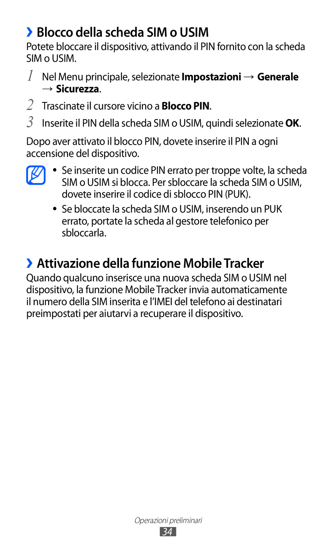 Samsung GT-S8600HKATIM manual ››Blocco della scheda SIM o Usim, ››Attivazione della funzione Mobile Tracker, → Sicurezza 