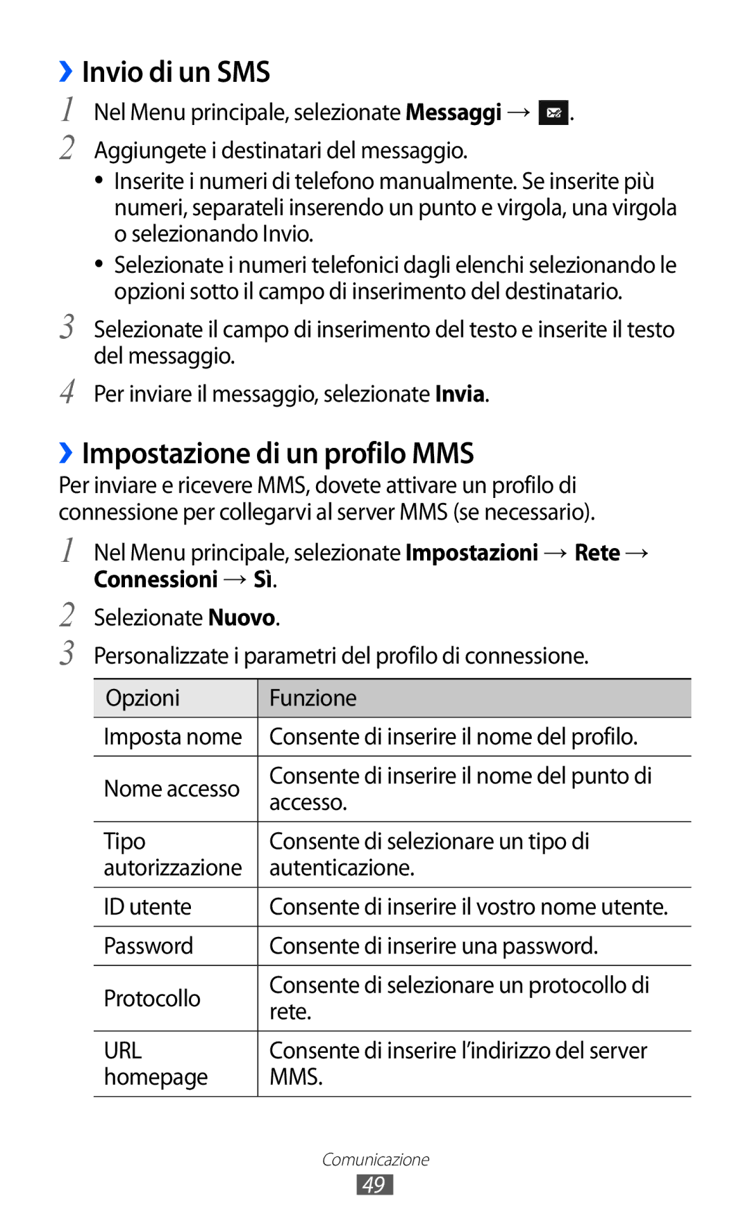 Samsung GT-S8600HKATIM, GT-S8600HKAITV, GT-S8600WSAITV manual ››Invio di un SMS, ››Impostazione di un profilo MMS 