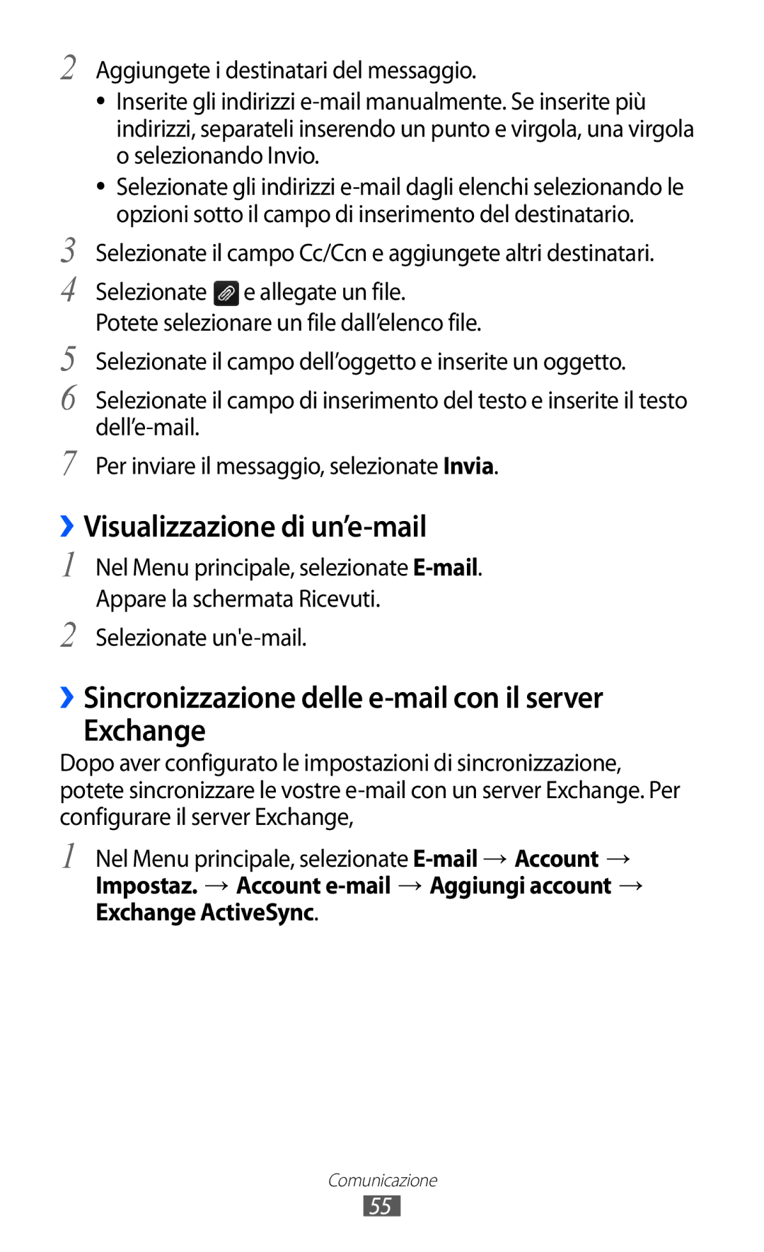 Samsung GT-S8600HKATIM manual ››Visualizzazione di un’e-mail, ››Sincronizzazione delle e-mail con il server Exchange 