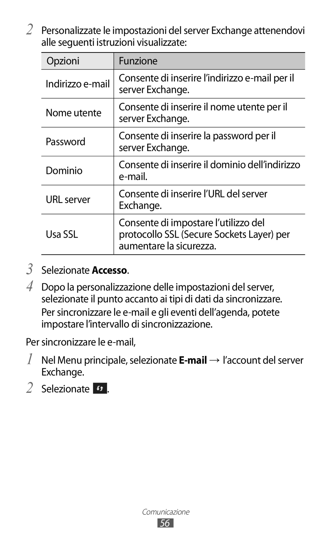 Samsung GT-S8600WSAITV, GT-S8600HKAITV Server Exchange, Nome utente, Mail, Aumentare la sicurezza, Selezionate Accesso 