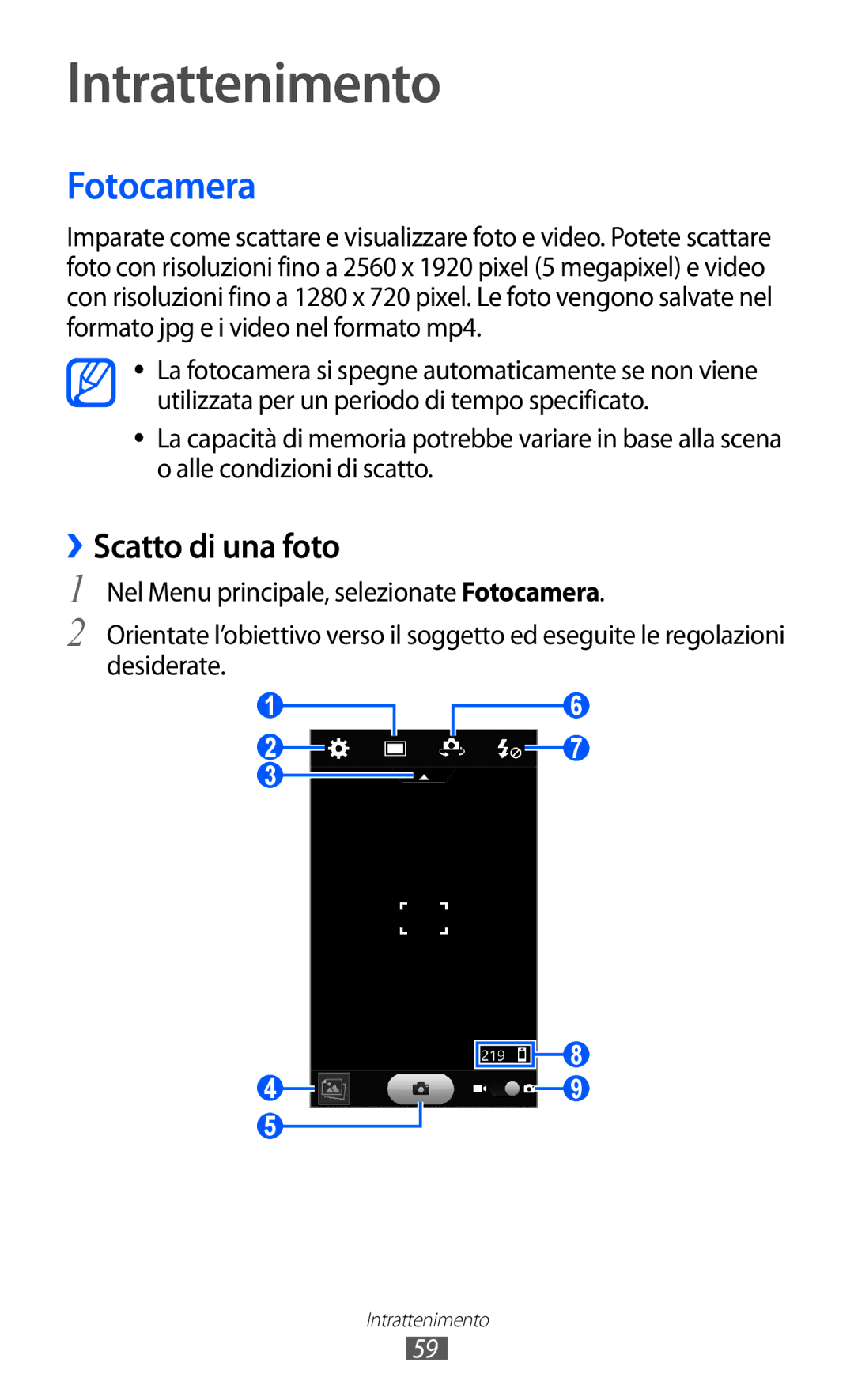 Samsung GT-S8600WSAITV, GT-S8600HKAITV, GT-S8600HKATIM manual Intrattenimento, Fotocamera, ››Scatto di una foto 