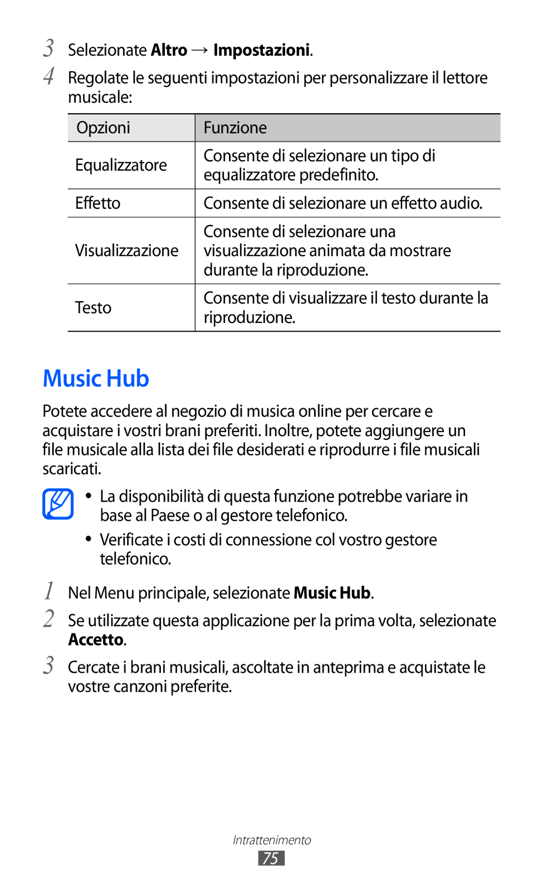 Samsung GT-S8600HKAITV manual Music Hub, Selezionate Altro → Impostazioni, Consente di selezionare una, Riproduzione 