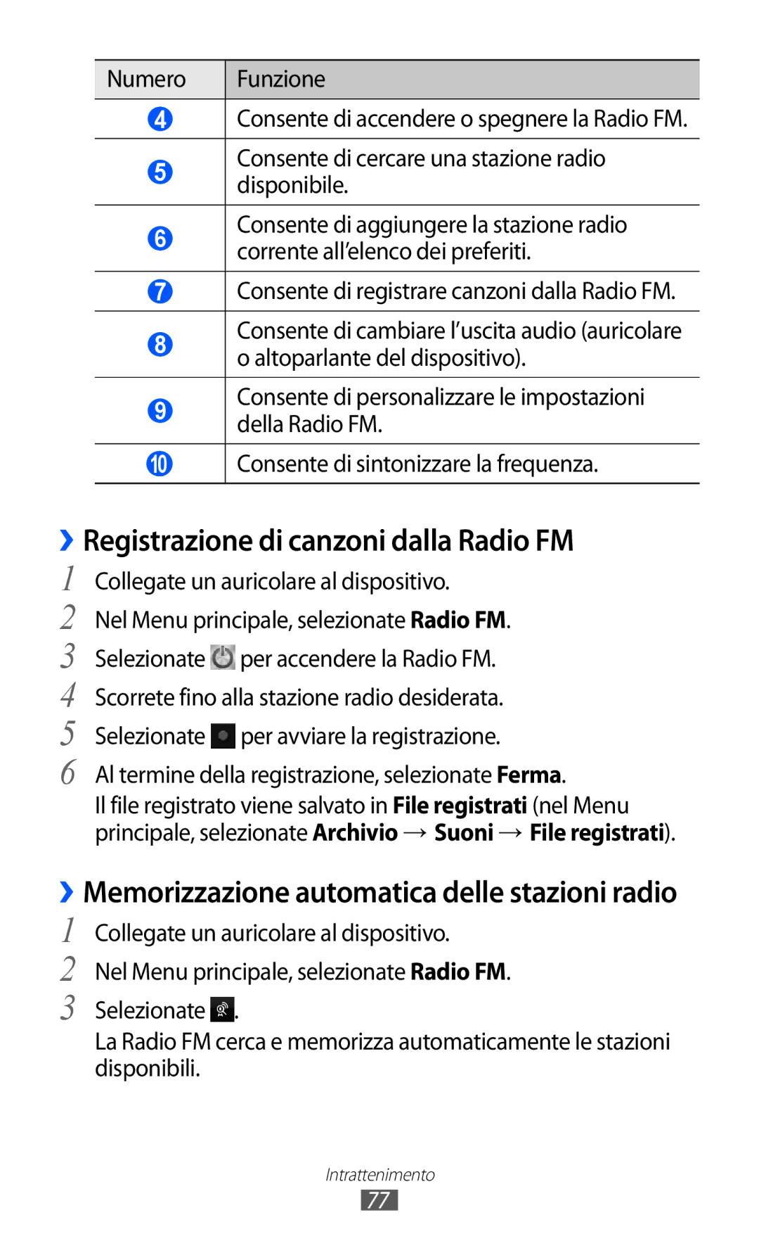 Samsung GT-S8600WSAITV manual ››Registrazione di canzoni dalla Radio FM, ››Memorizzazione automatica delle stazioni radio 