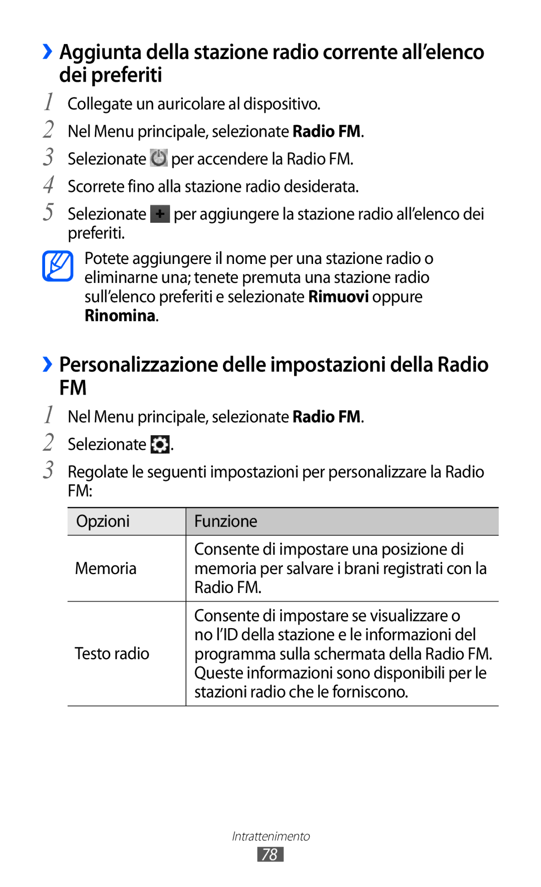 Samsung GT-S8600HKAITV, GT-S8600HKATIM Collegate un auricolare al dispositivo, Opzioni Funzione, Radio FM, Testo radio 