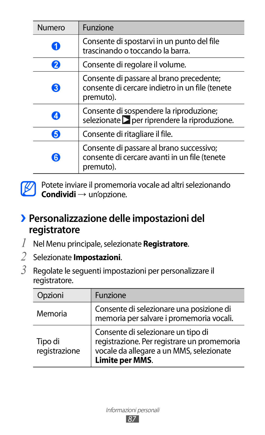 Samsung GT-S8600HKAITV ››Personalizzazione delle impostazioni del registratore, Tipo di Consente di selezionare un tipo di 