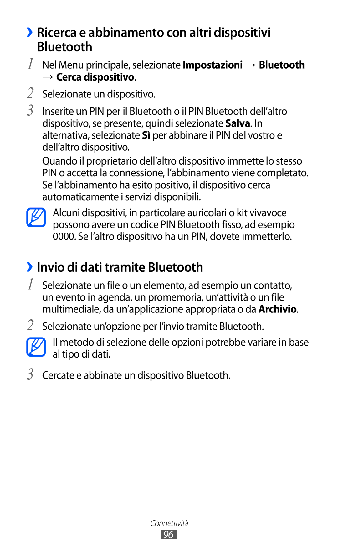 Samsung GT-S8600HKAITV manual ››Ricerca e abbinamento con altri dispositivi Bluetooth, ››Invio di dati tramite Bluetooth 