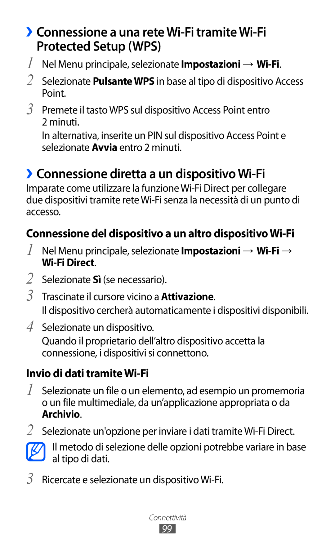 Samsung GT-S8600HKAITV, GT-S8600HKATIM, GT-S8600WSAITV manual ››Connessione diretta a un dispositivo Wi-Fi, Wi-Fi Direct 