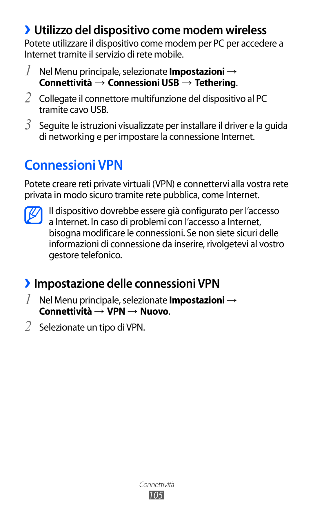 Samsung GT-S8600HKATIM manual Connessioni VPN, ››Utilizzo del dispositivo come modem wireless, Connettività → VPN → Nuovo 