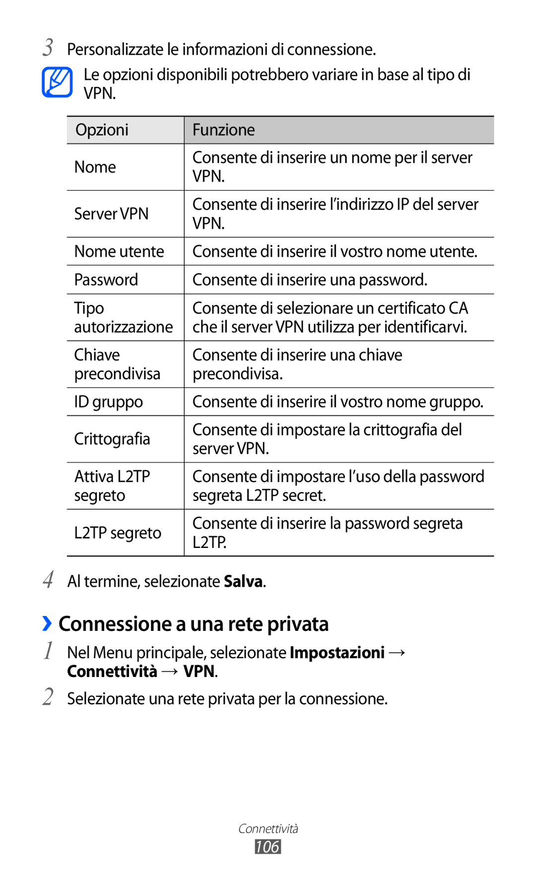 Samsung GT-S8600WSAITV, GT-S8600HKAITV, GT-S8600HKATIM manual ››Connessione a una rete privata, Connettività → VPN, 106 