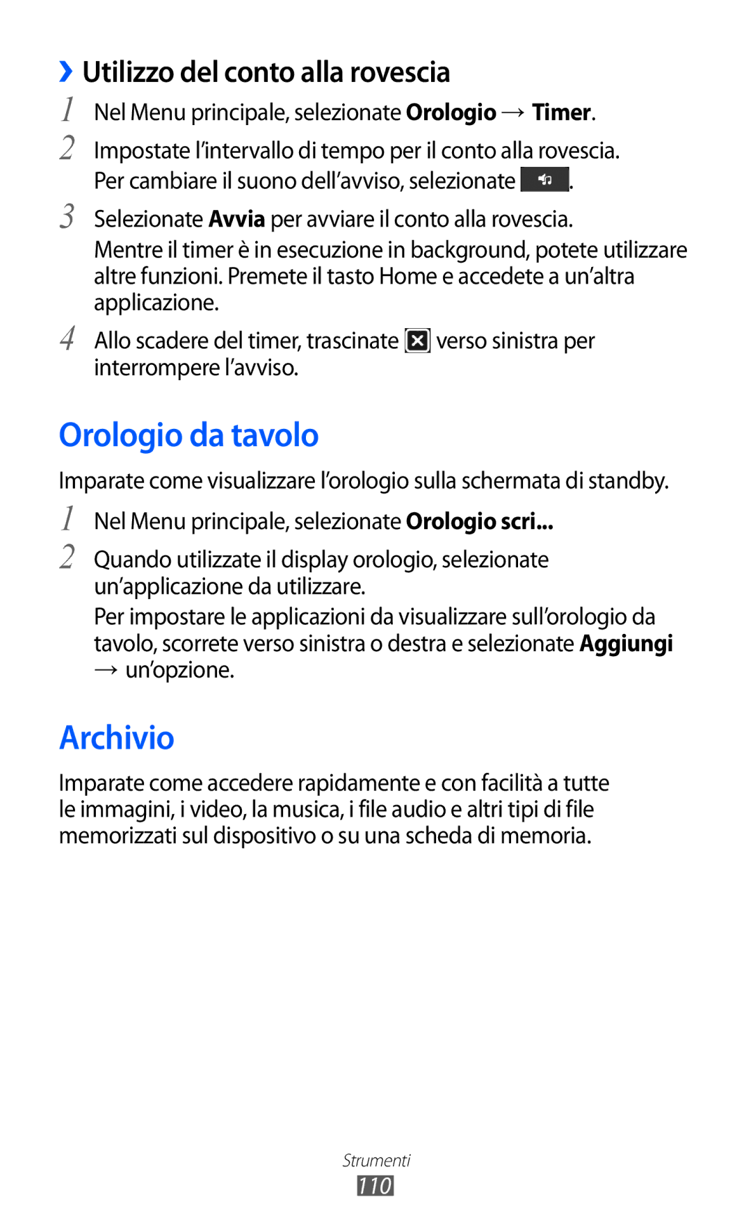 Samsung GT-S8600HKAITV, GT-S8600HKATIM Orologio da tavolo, Archivio, ››Utilizzo del conto alla rovescia, → un’opzione, 110 