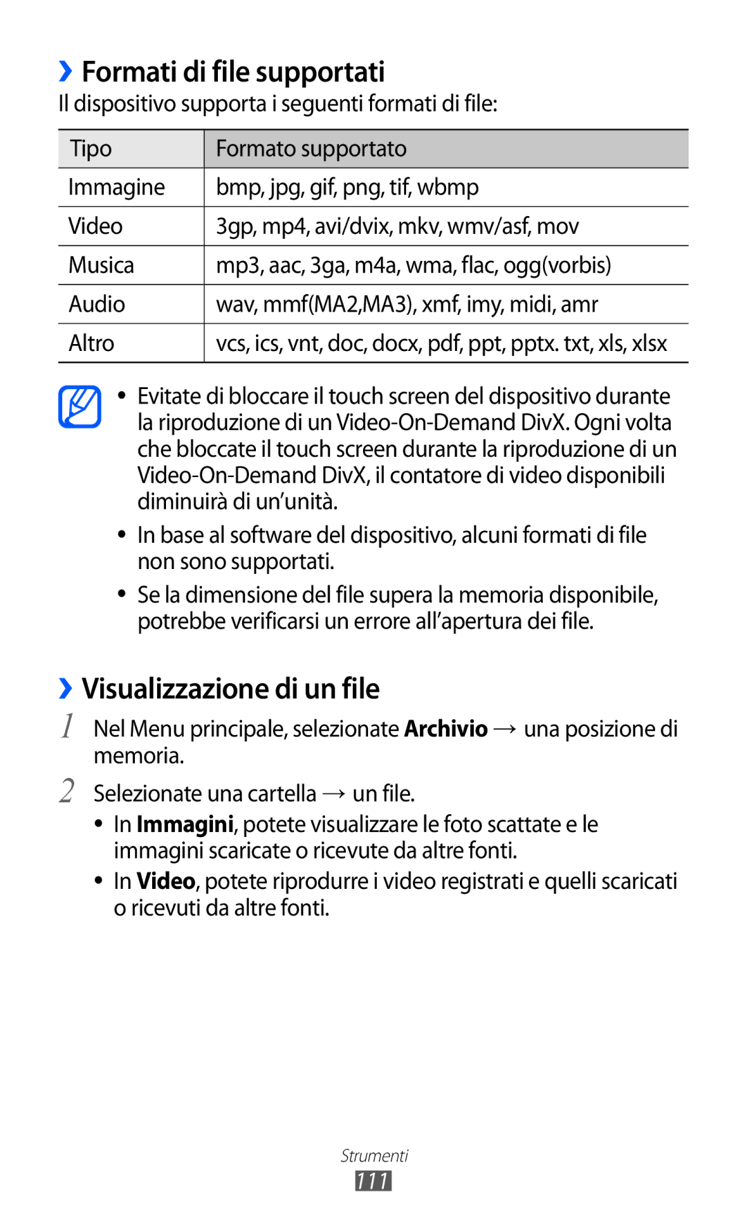 Samsung GT-S8600HKATIM manual ››Visualizzazione di un file, Il dispositivo supporta i seguenti formati di file, 111 