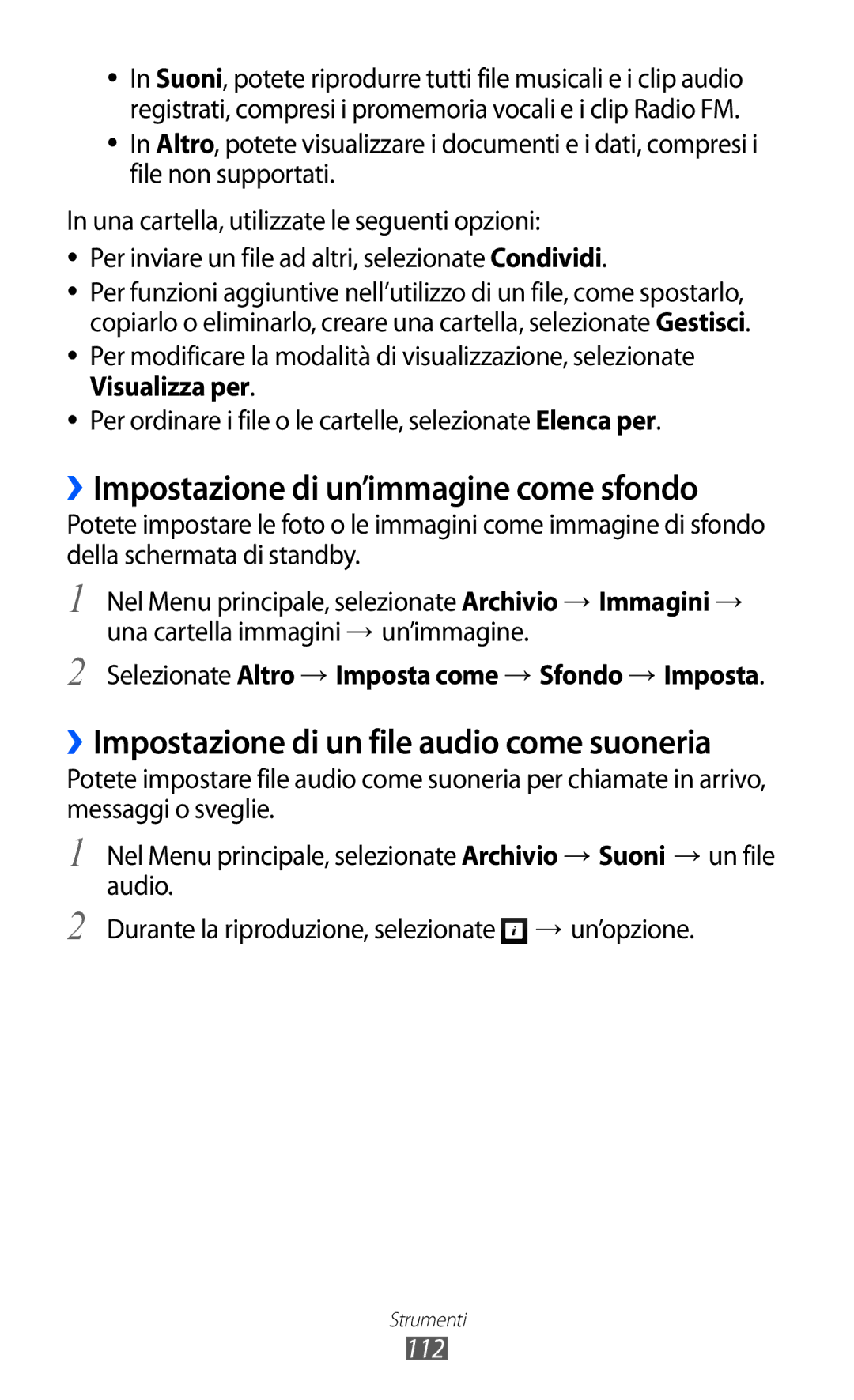 Samsung GT-S8600WSAITV manual ››Impostazione di un’immagine come sfondo, ››Impostazione di un file audio come suoneria, 112 