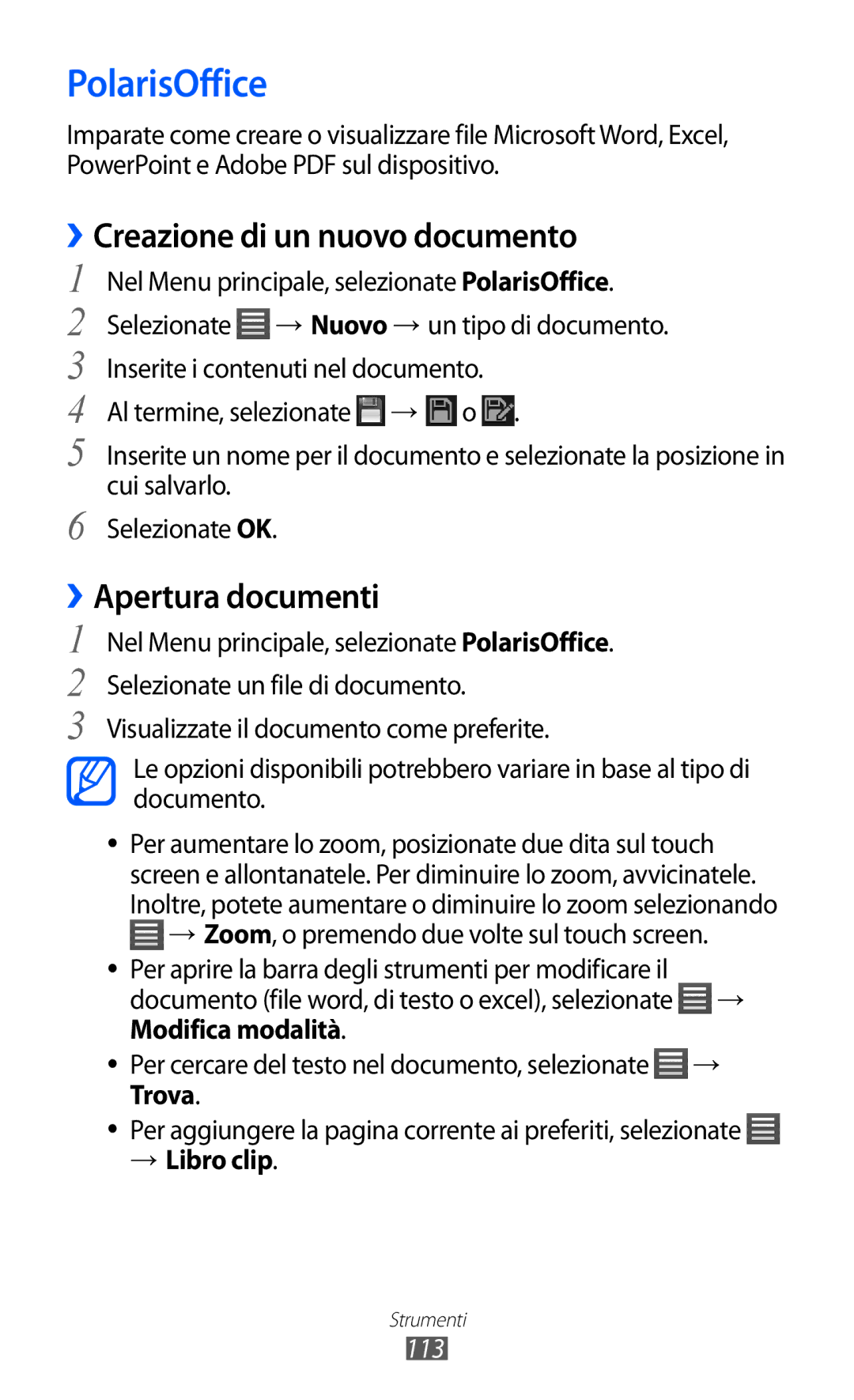 Samsung GT-S8600HKAITV manual PolarisOffice, ››Creazione di un nuovo documento, ››Apertura documenti, Trova, → Libro clip 