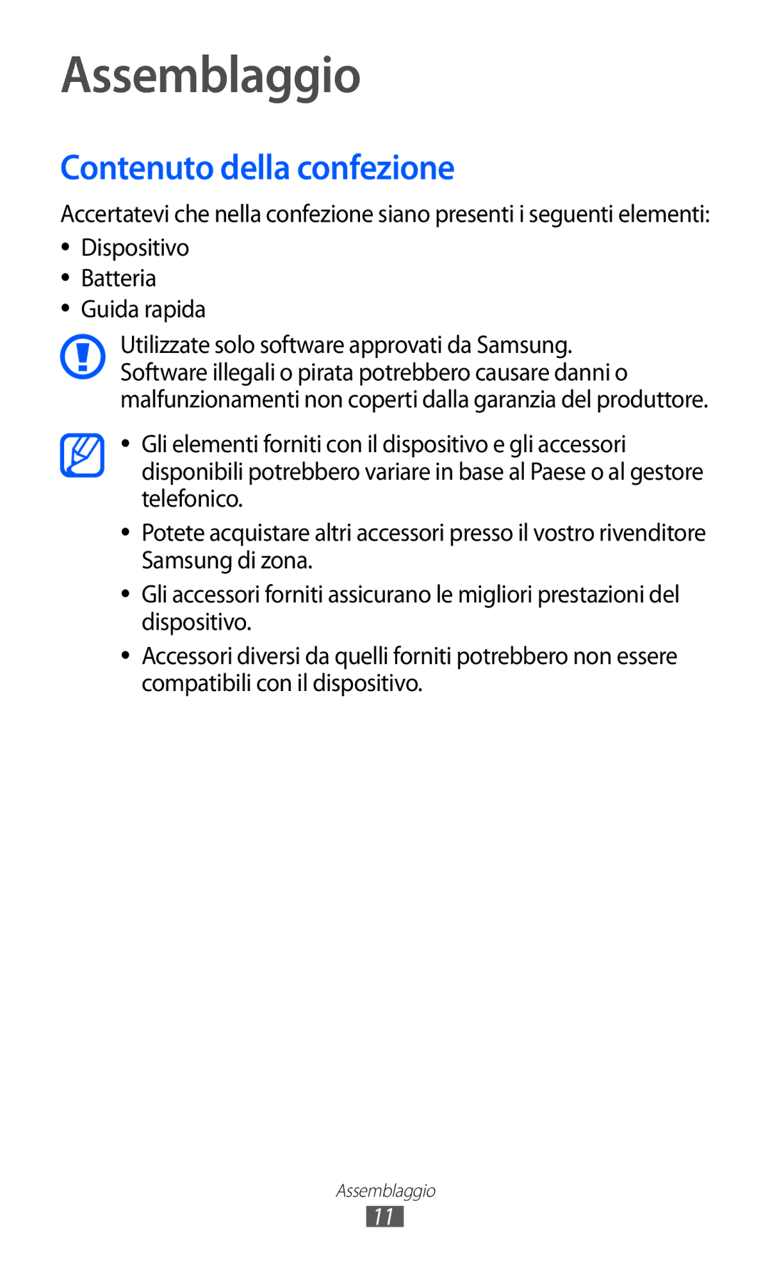 Samsung GT-S8600HKAITV, GT-S8600HKATIM, GT-S8600WSAITV manual Assemblaggio, Contenuto della confezione 