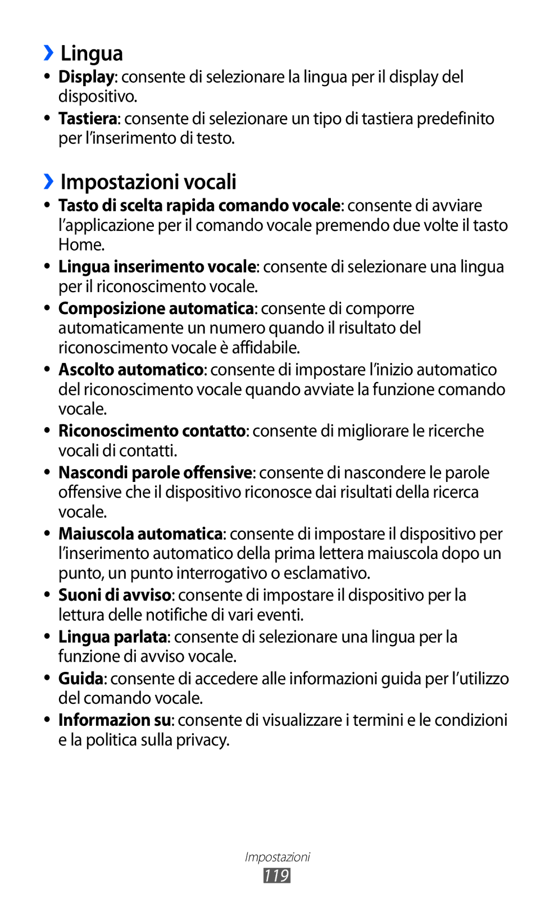 Samsung GT-S8600HKAITV, GT-S8600HKATIM, GT-S8600WSAITV manual ››Lingua, ››Impostazioni vocali, 119 