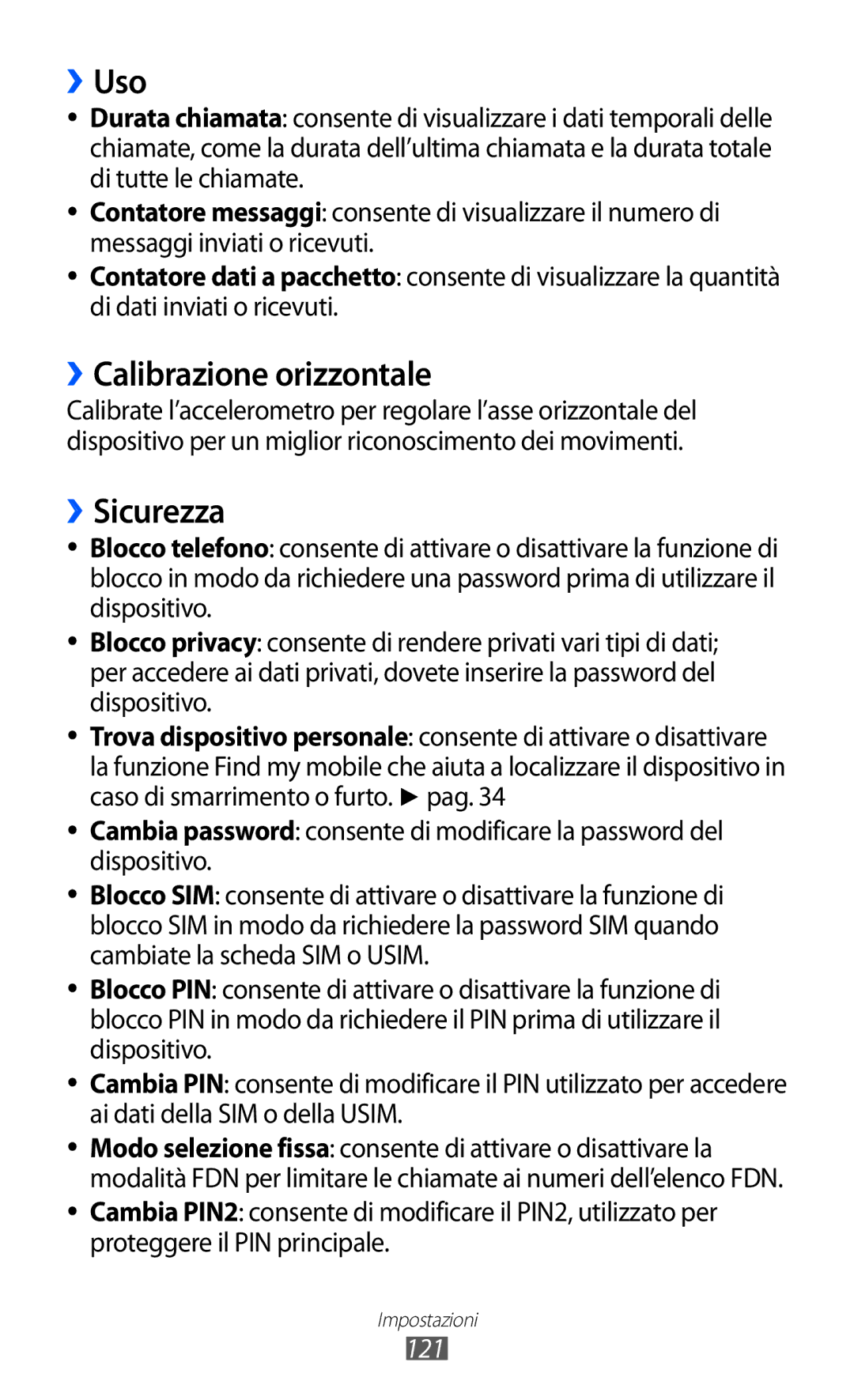 Samsung GT-S8600WSAITV, GT-S8600HKAITV, GT-S8600HKATIM manual ››Uso, ››Calibrazione orizzontale, ››Sicurezza, 121 