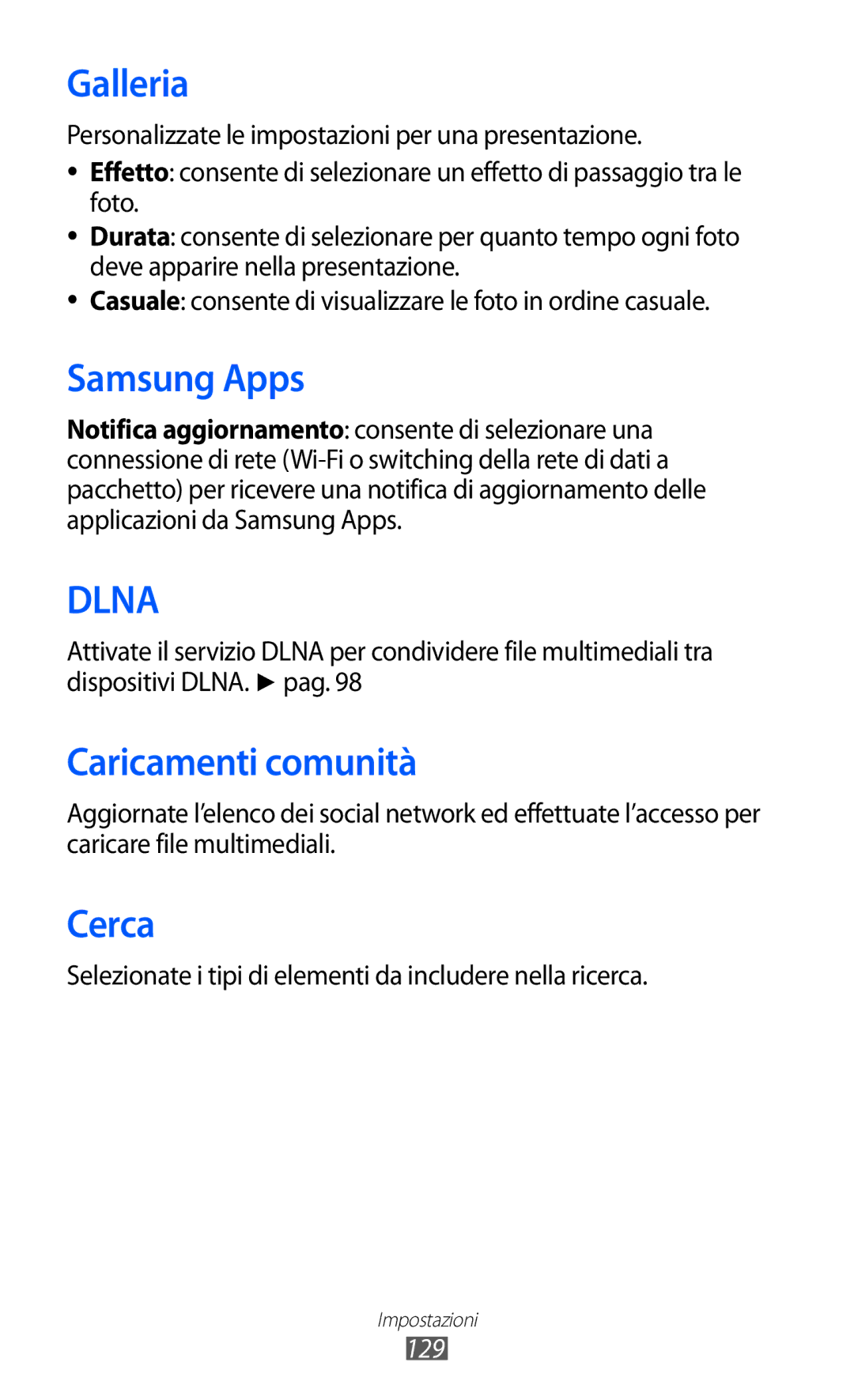 Samsung GT-S8600HKATIM manual Caricamenti comunità, Cerca, Selezionate i tipi di elementi da includere nella ricerca, 129 