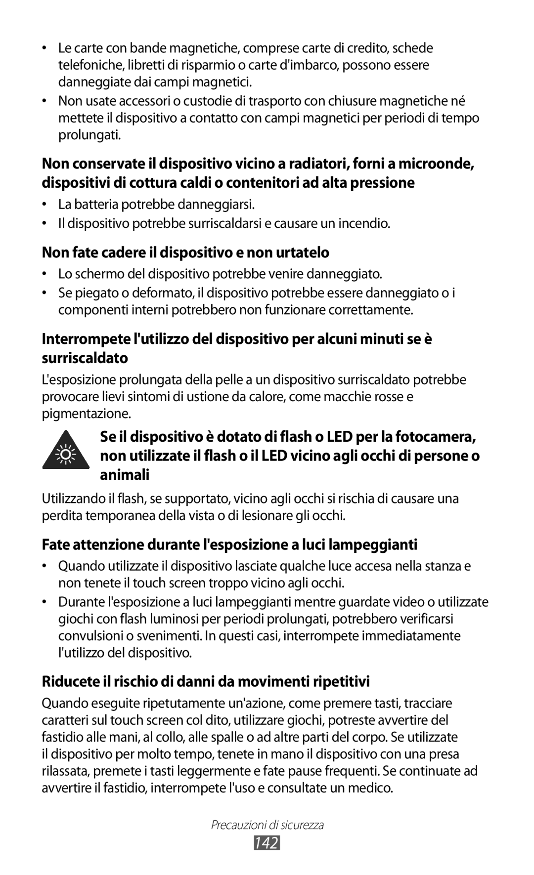 Samsung GT-S8600WSAITV, GT-S8600HKAITV, GT-S8600HKATIM manual 142, Non fate cadere il dispositivo e non urtatelo 