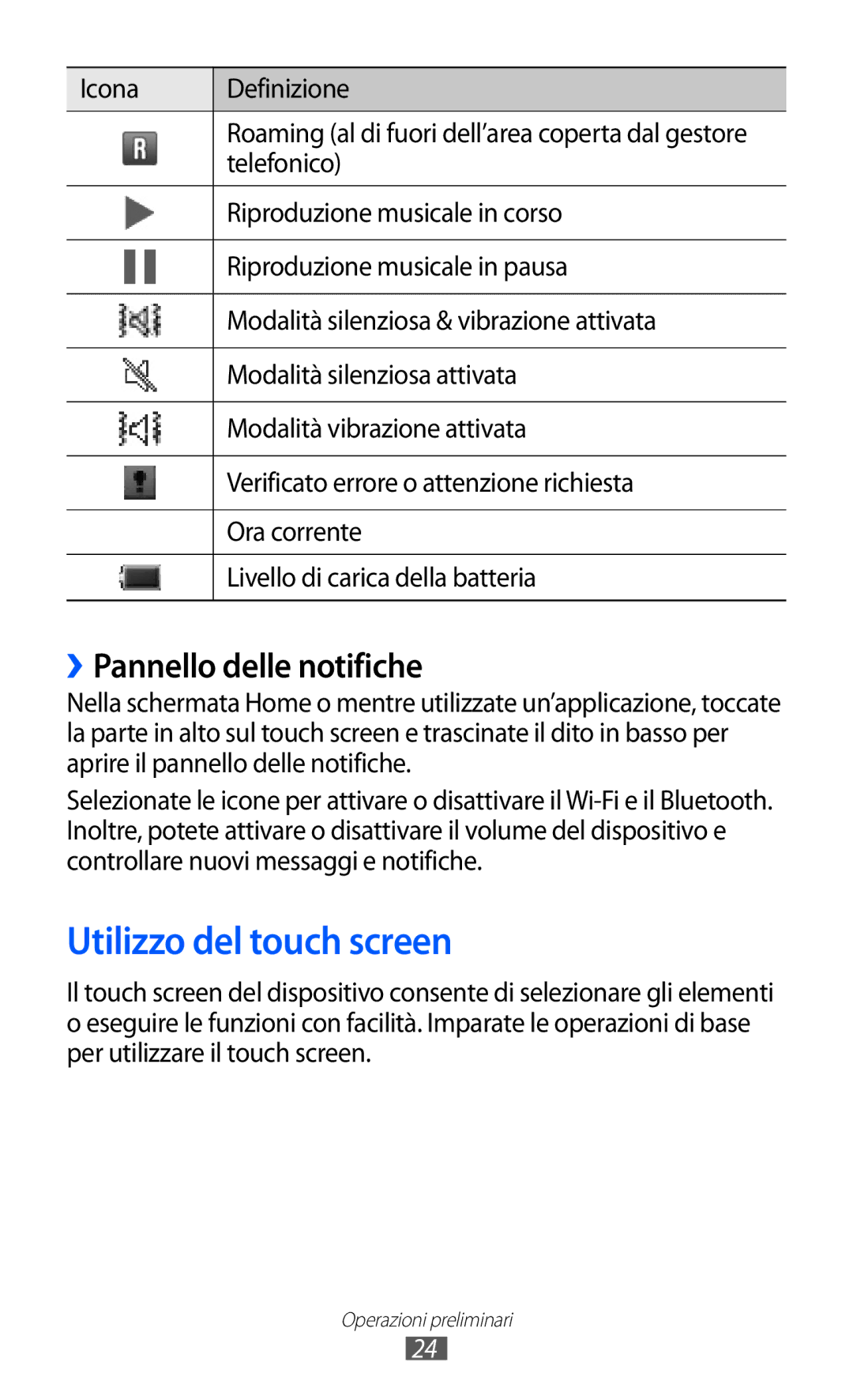 Samsung GT-S8600HKATIM, GT-S8600HKAITV, GT-S8600WSAITV manual Utilizzo del touch screen, ››Pannello delle notifiche 