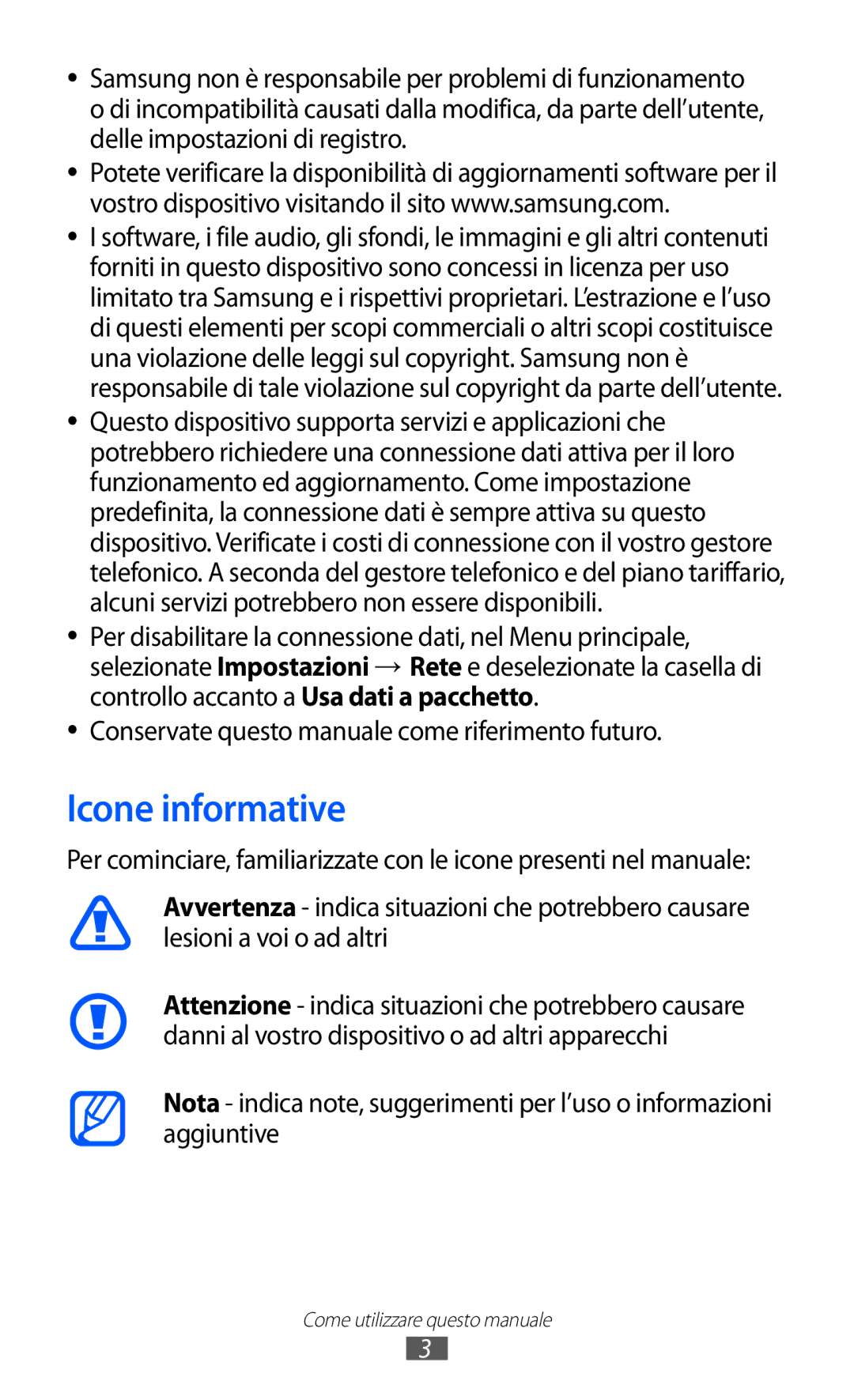 Samsung GT-S8600HKATIM, GT-S8600HKAITV, GT-S8600WSAITV Icone informative, Conservate questo manuale come riferimento futuro 