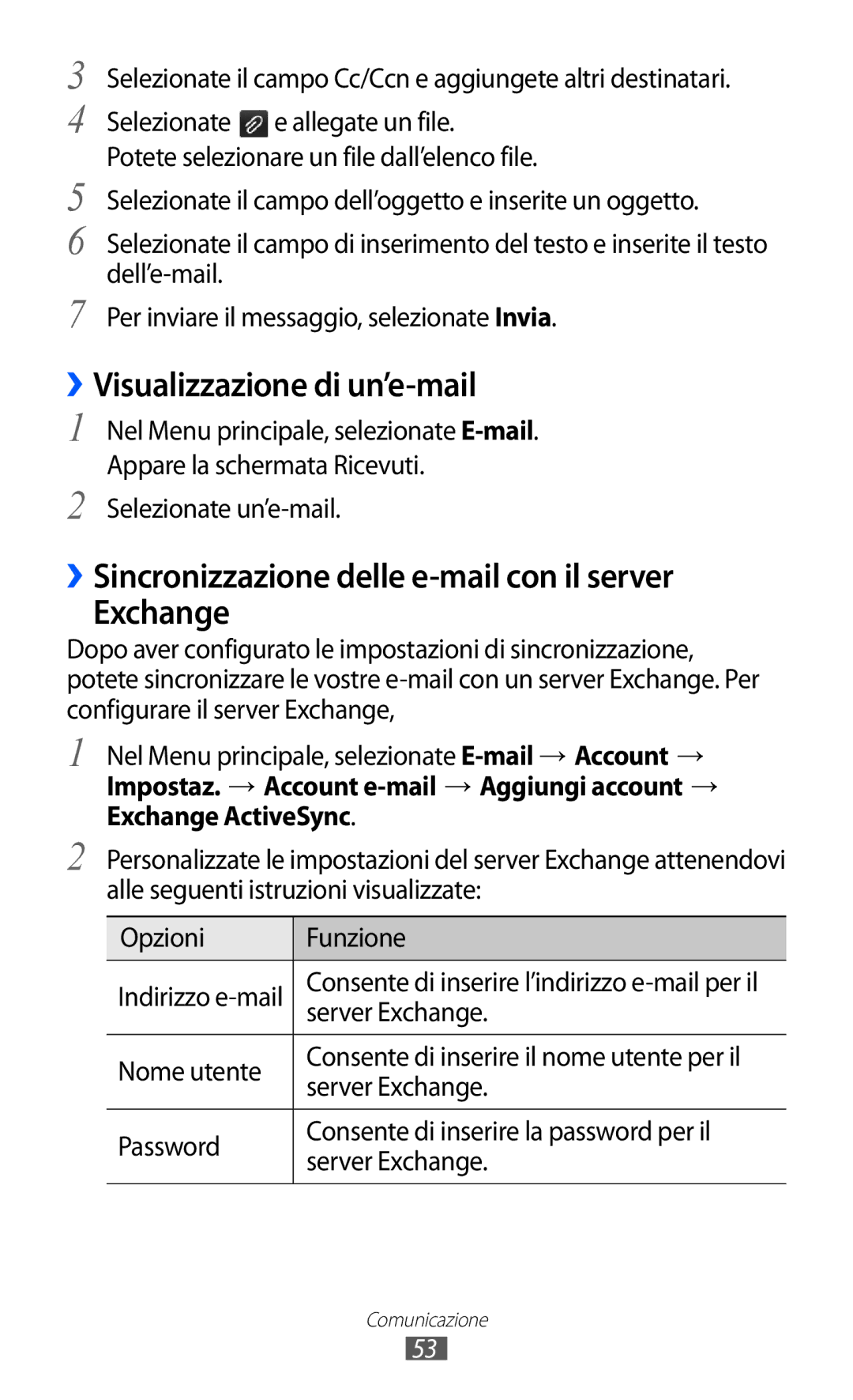 Samsung GT-S8600HKAITV manual ››Visualizzazione di un’e-mail, ››Sincronizzazione delle e-mail con il server Exchange 