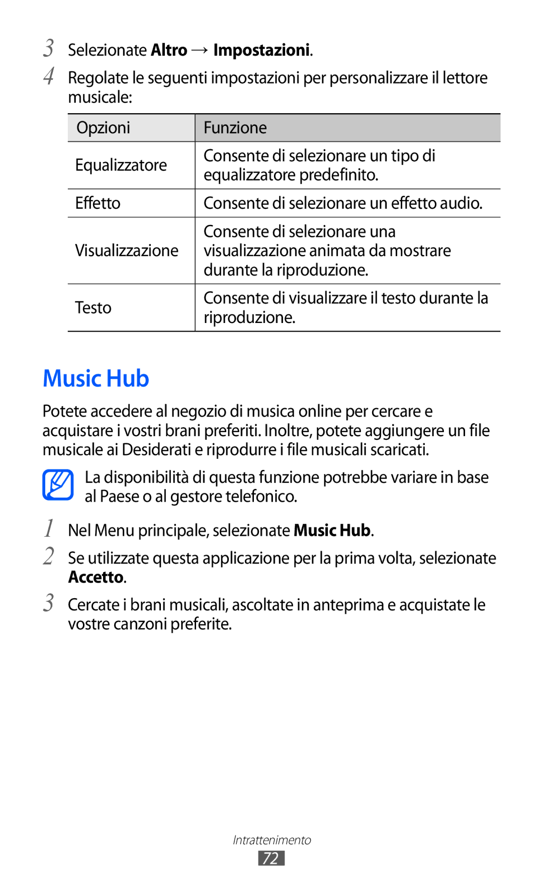 Samsung GT-S8600HKATIM manual Music Hub, Selezionate Altro → Impostazioni, Consente di selezionare una, Riproduzione 