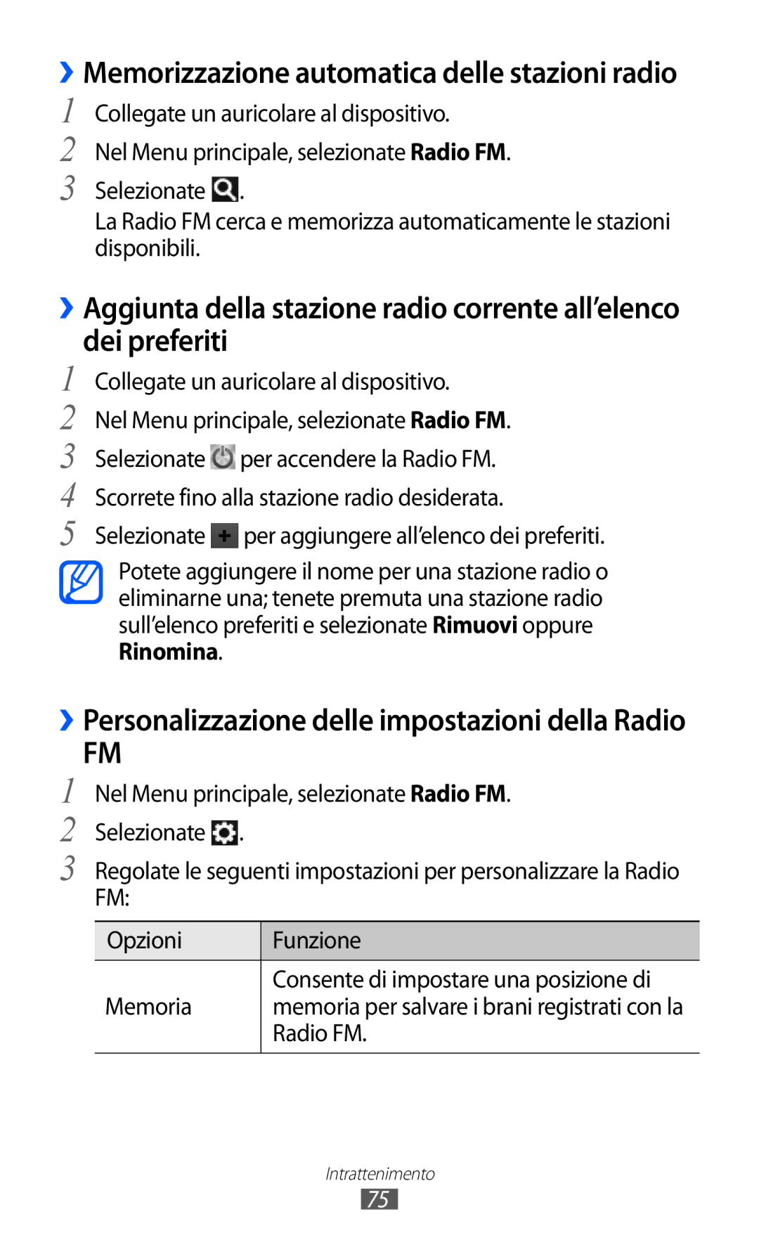 Samsung GT-S8600HKATIM, GT-S8600HKAITV, GT-S8600WSAITV manual ››Memorizzazione automatica delle stazioni radio, Radio FM 