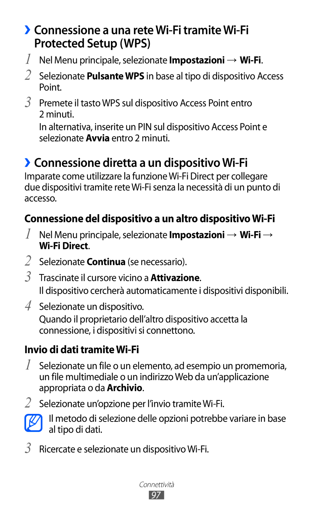 Samsung GT-S8600WSAITV, GT-S8600HKAITV, GT-S8600HKATIM manual ››Connessione diretta a un dispositivo Wi-Fi, Wi-Fi Direct 