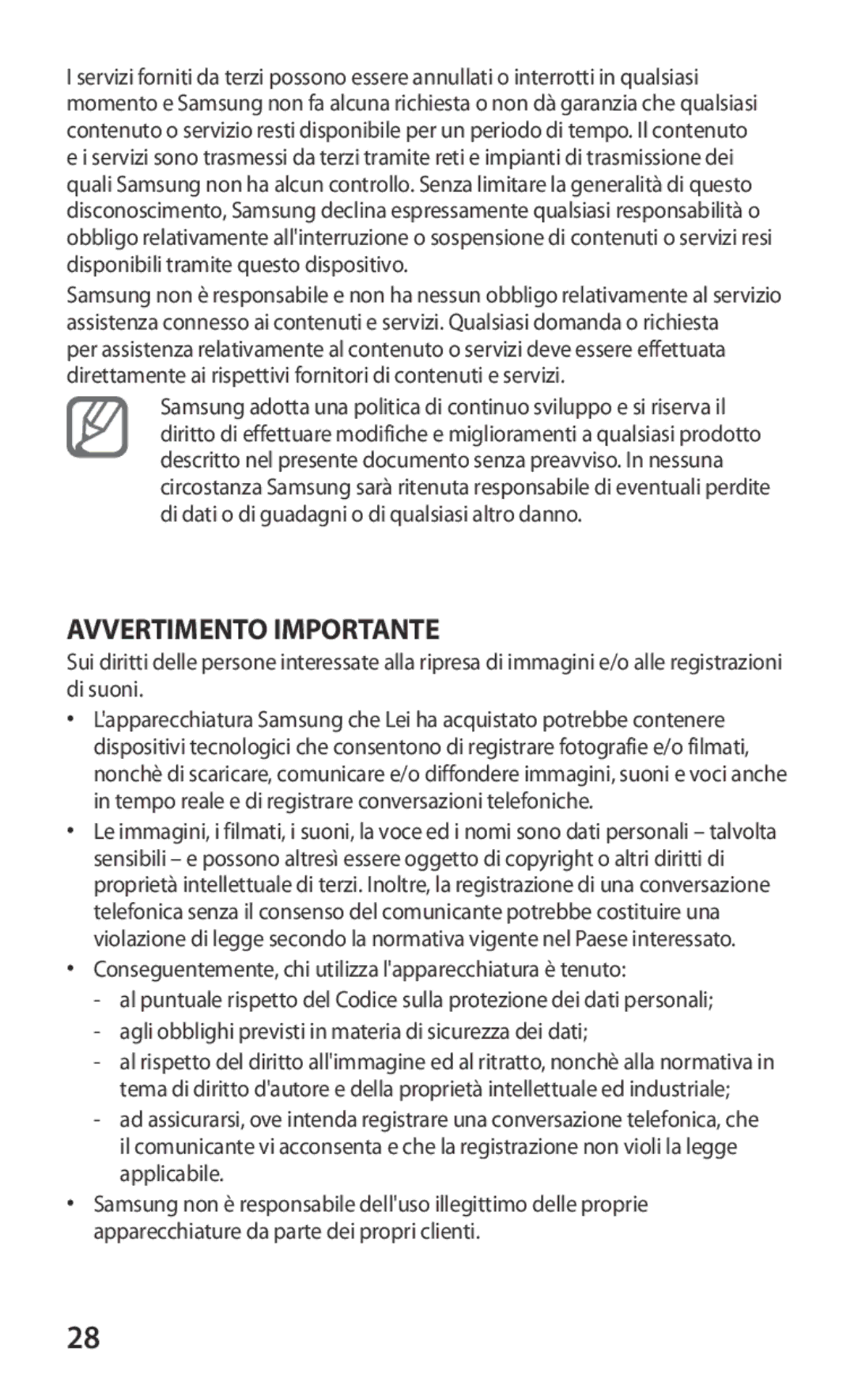 Samsung GT-S8600HKATIM, GT-S8600HKAITV Avvertimento Importante, Conseguentemente, chi utilizza lapparecchiatura è tenuto 