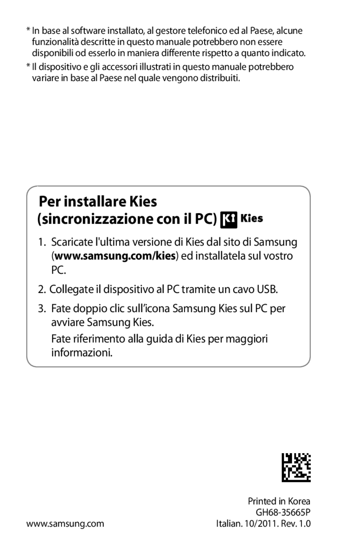 Samsung GT-S8600HKAITV, GT-S8600HKATIM, GT-S8600WSAITV manual Per installare Kies sincronizzazione con il PC, GH68-35665P 