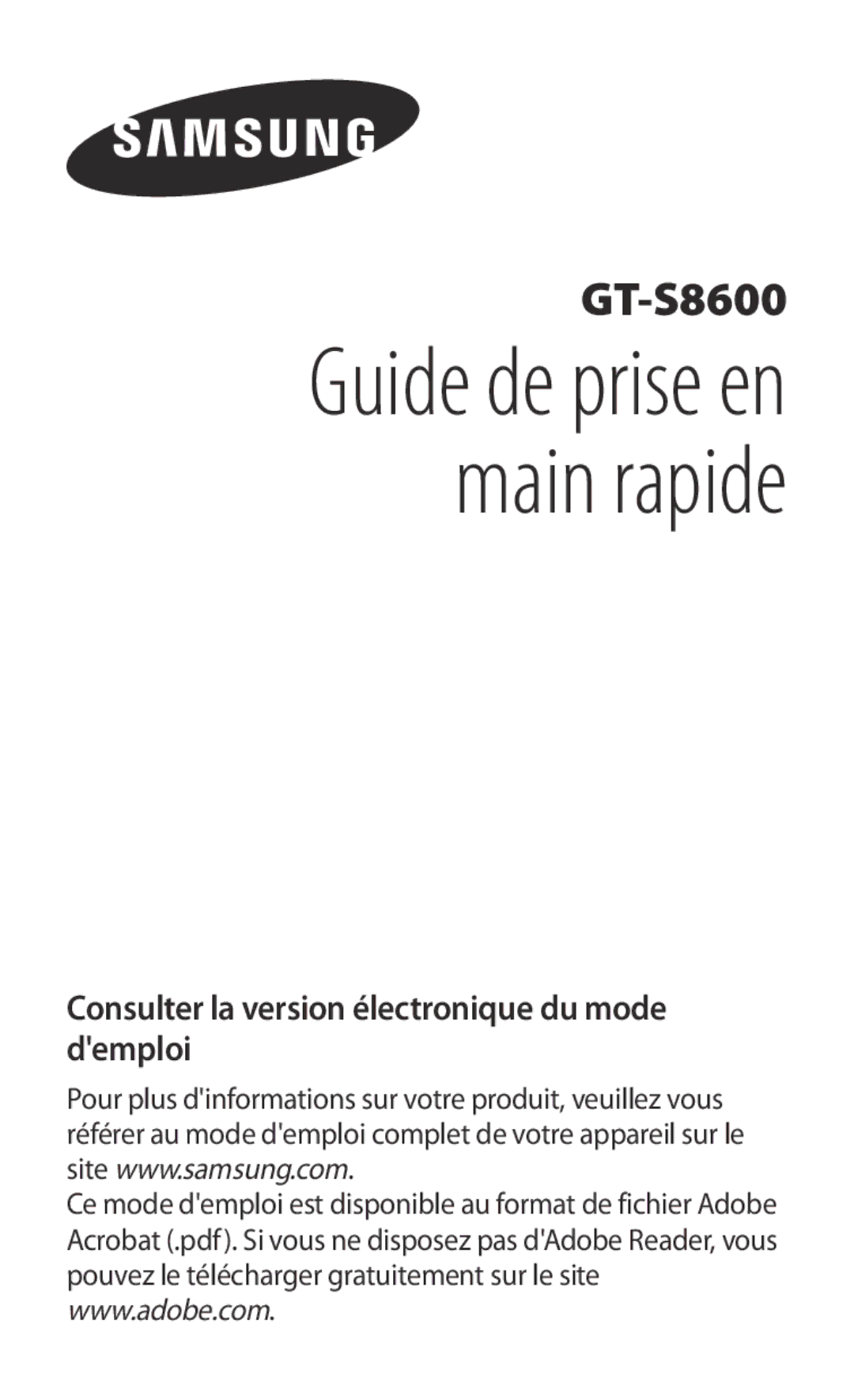 Samsung GT-S8600HKAMTL manual Guide de prise en main rapide 