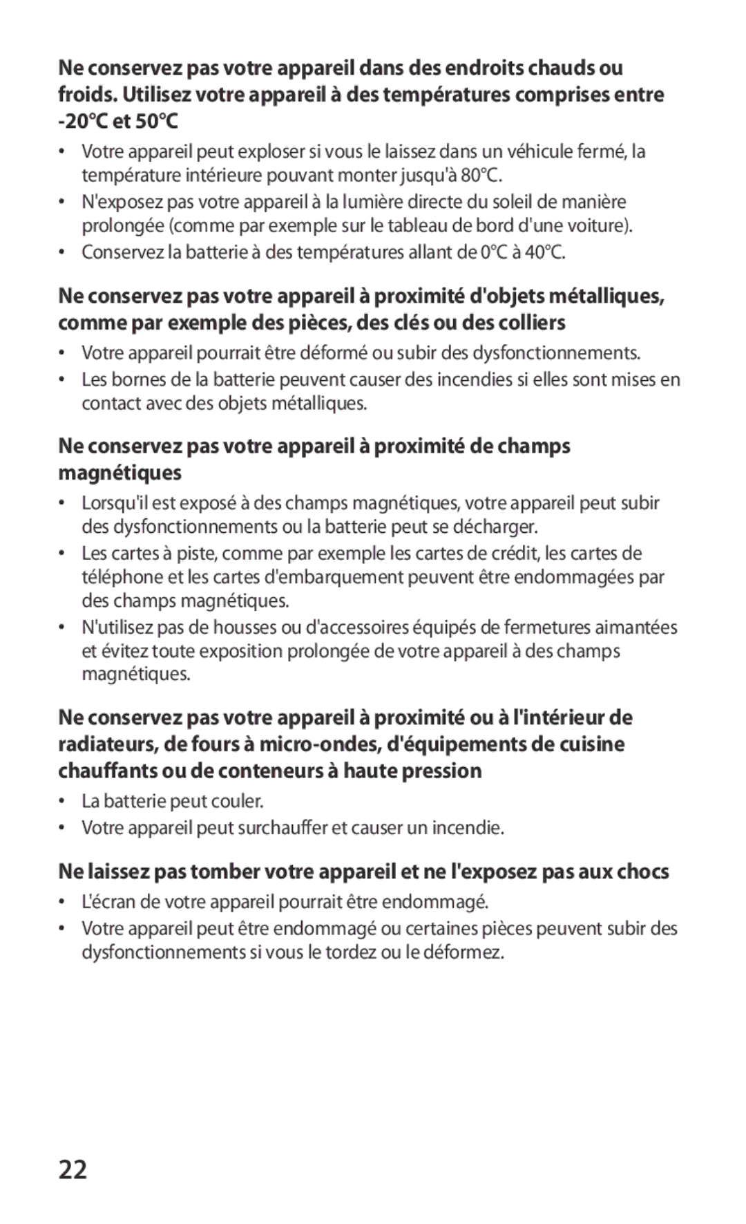 Samsung GT-S8600HKAMTL manual Conservez la batterie à des températures allant de 0C à 40C 