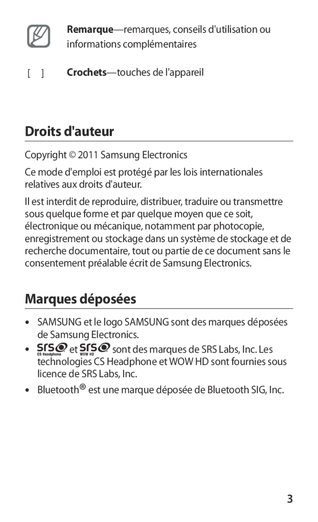 Samsung GT-S8600HKAMTL manual Droits dauteur, Marques déposées 