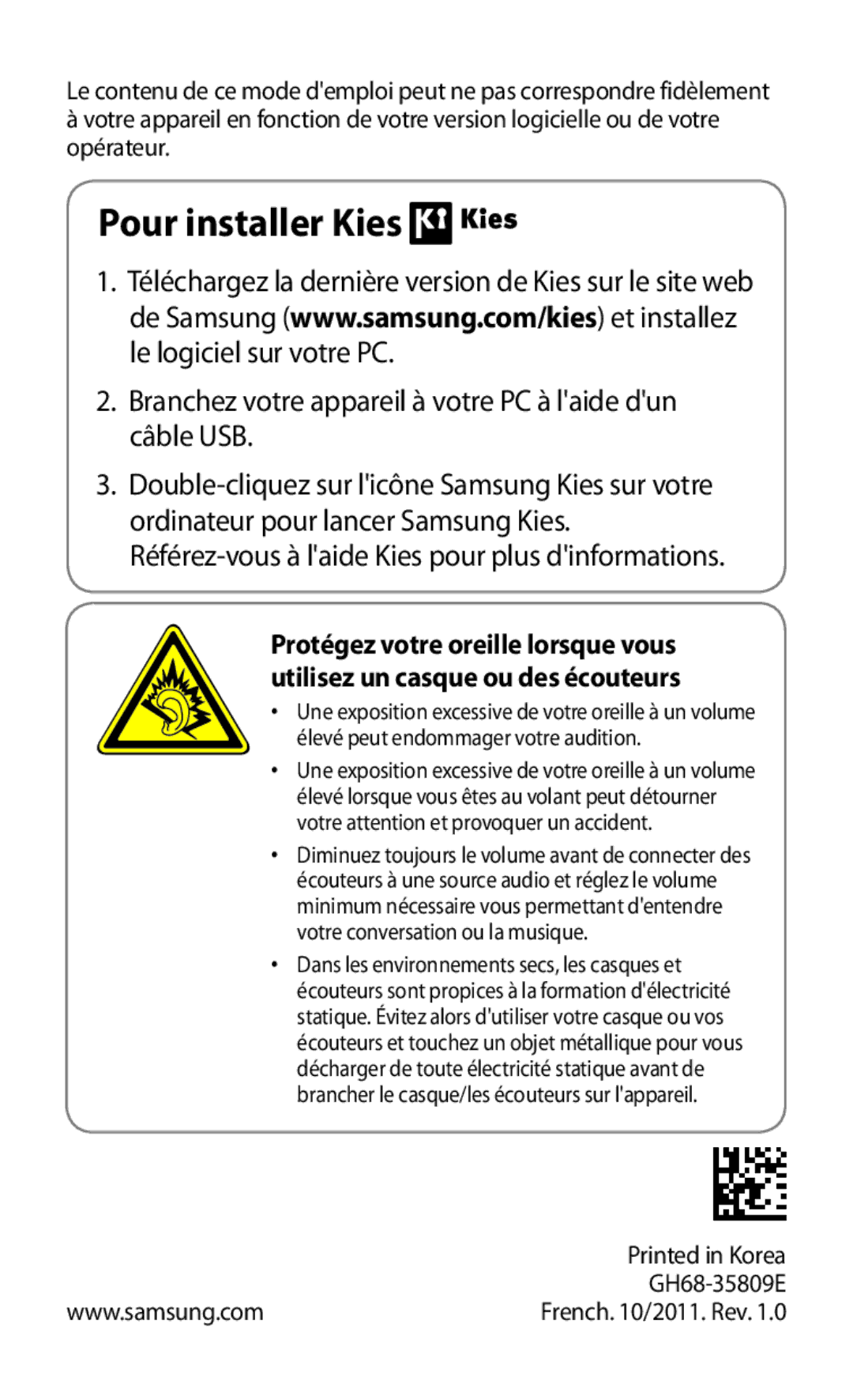 Samsung GT-S8600HKAMTL manual Pour installer Kies,  Branchez votre appareil à votre PC à laide dun câble USB 