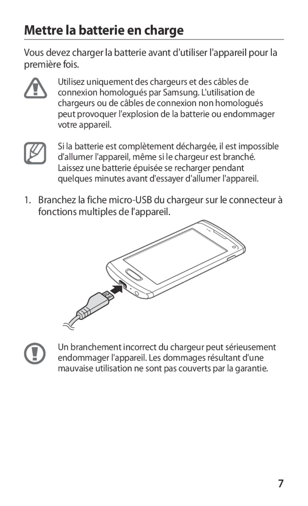 Samsung GT-S8600HKAMTL manual Mettre la batterie en charge 