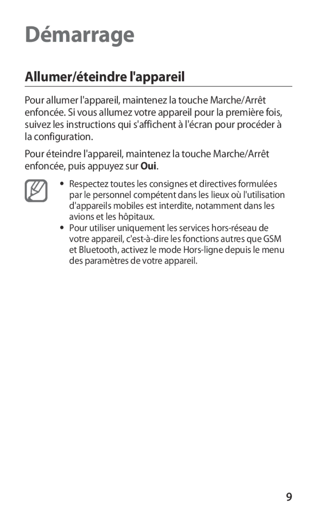 Samsung GT-S8600HKAMTL manual Démarrage, Allumer/éteindre lappareil 