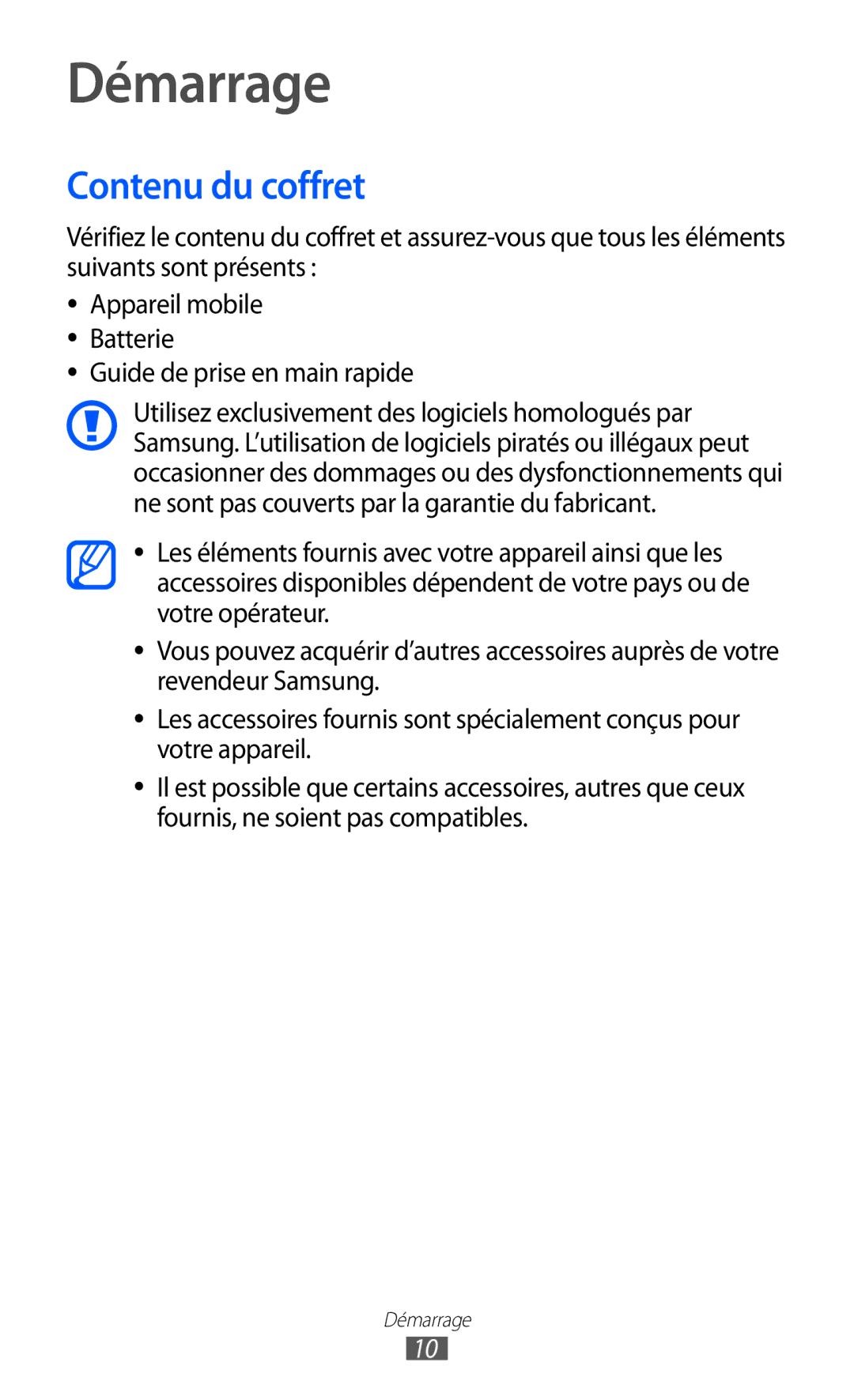 Samsung GT-S8600HKAMTL manual Démarrage, Contenu du coffret, Guide de prise en main rapide 