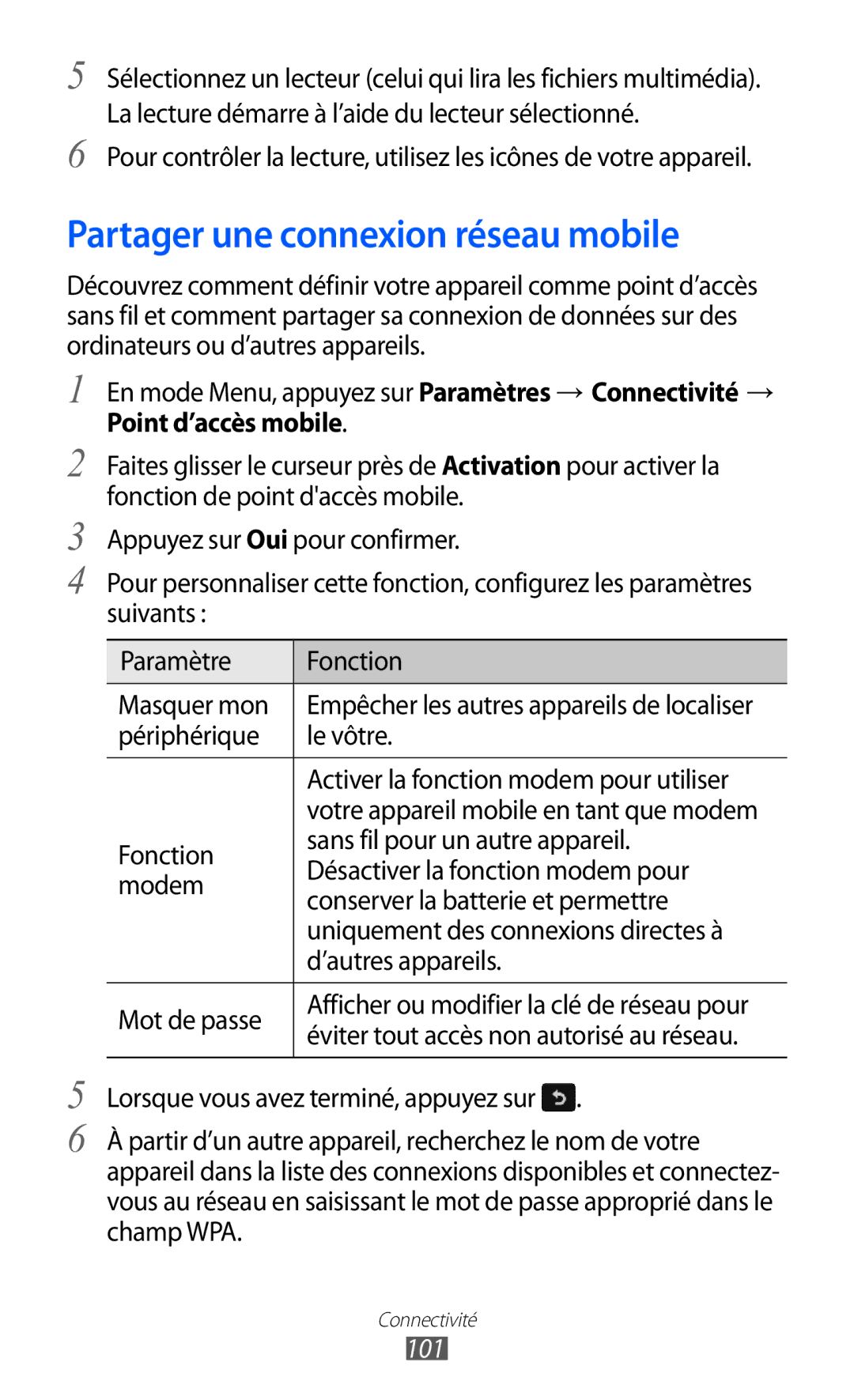 Samsung GT-S8600HKAMTL manual Partager une connexion réseau mobile, 101 